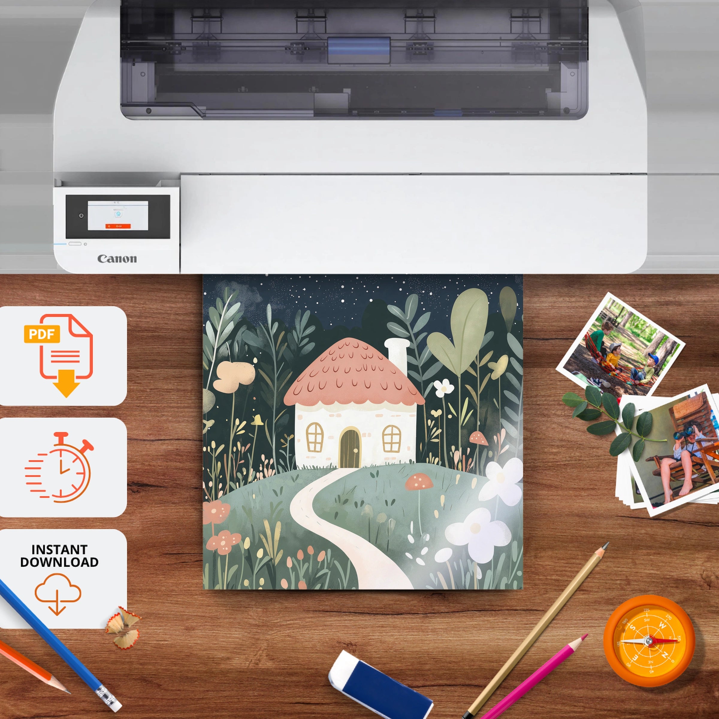 Moonlit Village Nursery Print - printable nursery wall art, instant download to print at home