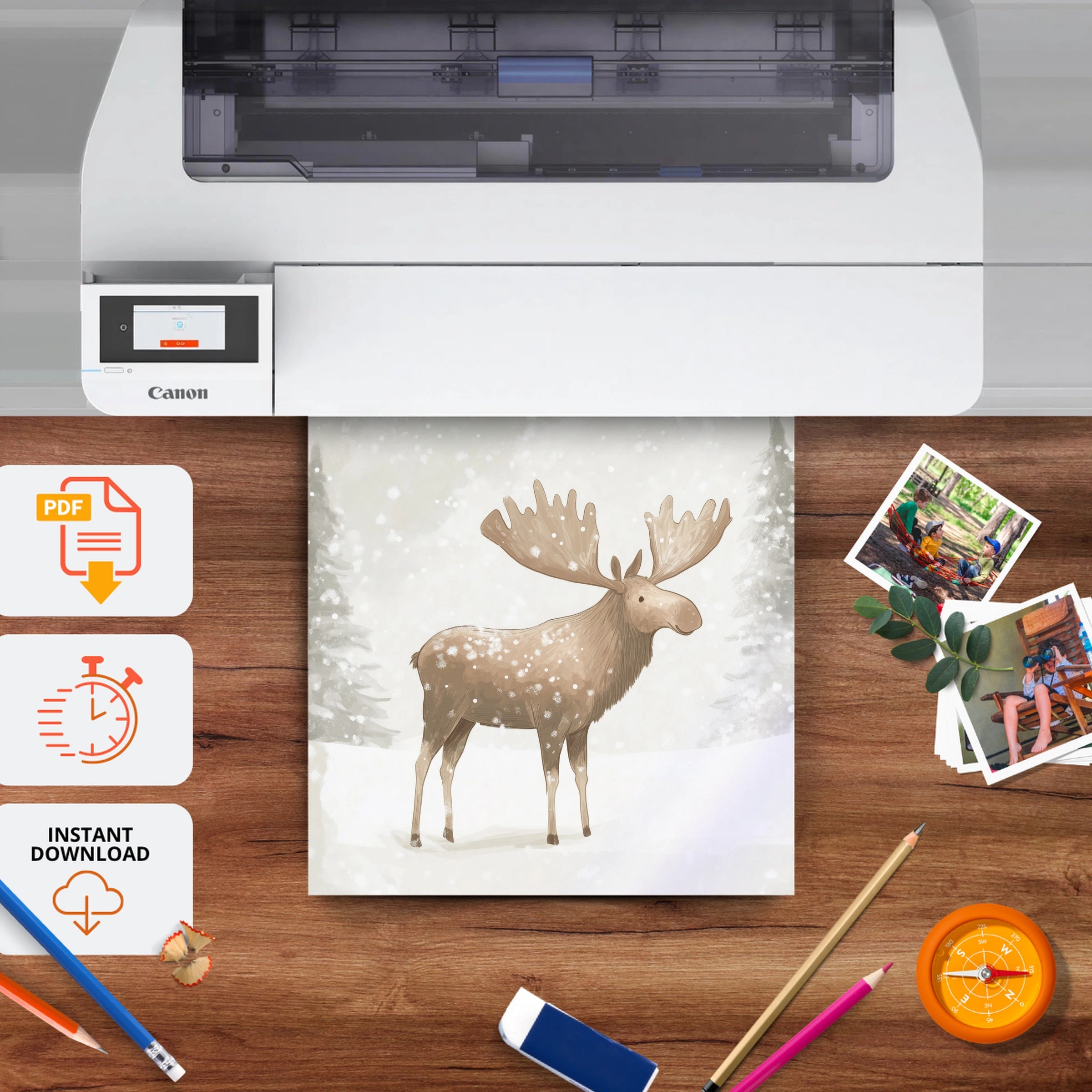 Moose in the Snow Christmas Print - printable nursery wall art, instant download to print at home