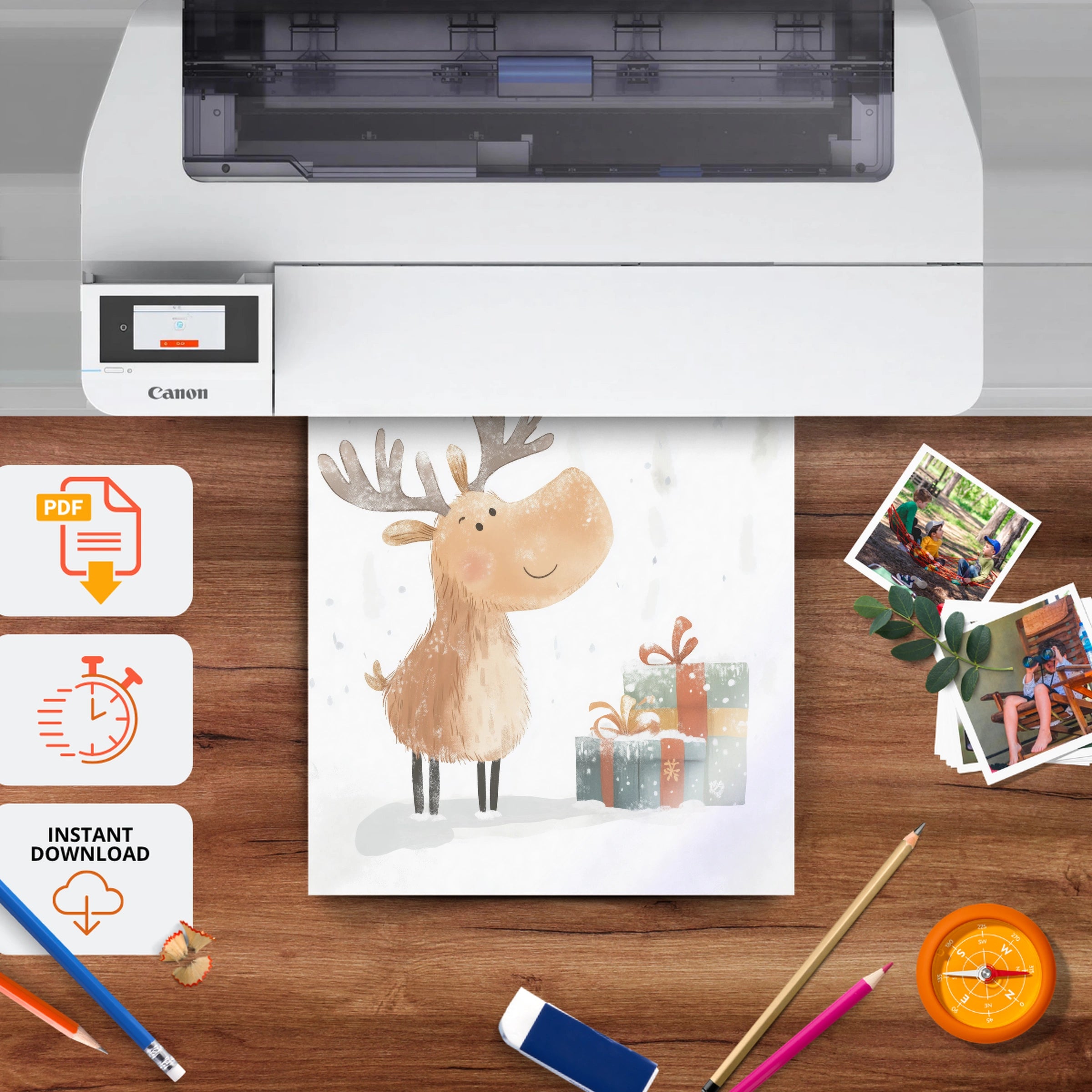 Moose with Gifts Christmas Print - printable nursery wall art, instant download to print at home