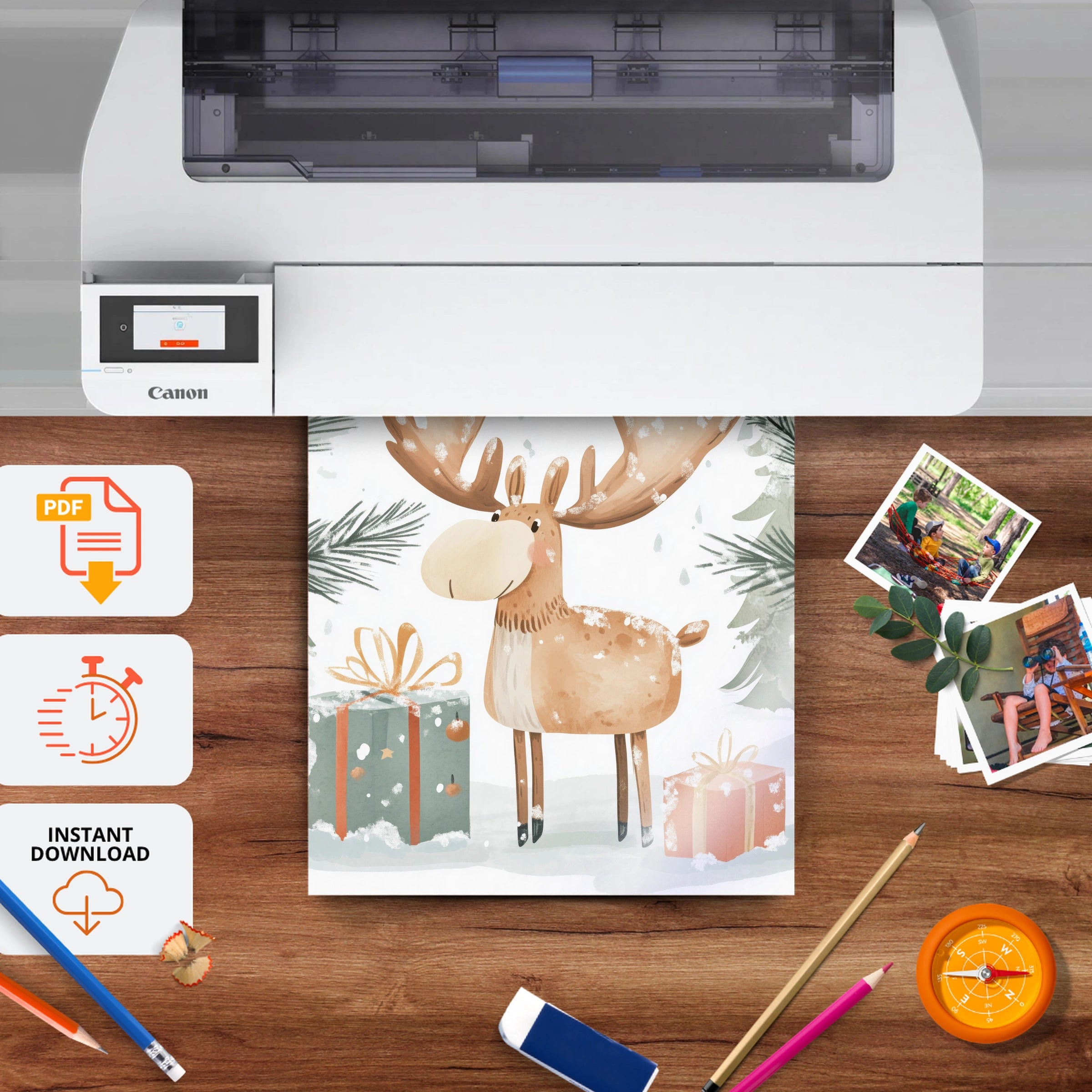 Moose with Gifts Two Christmas Print - printable nursery wall art, instant download to print at home