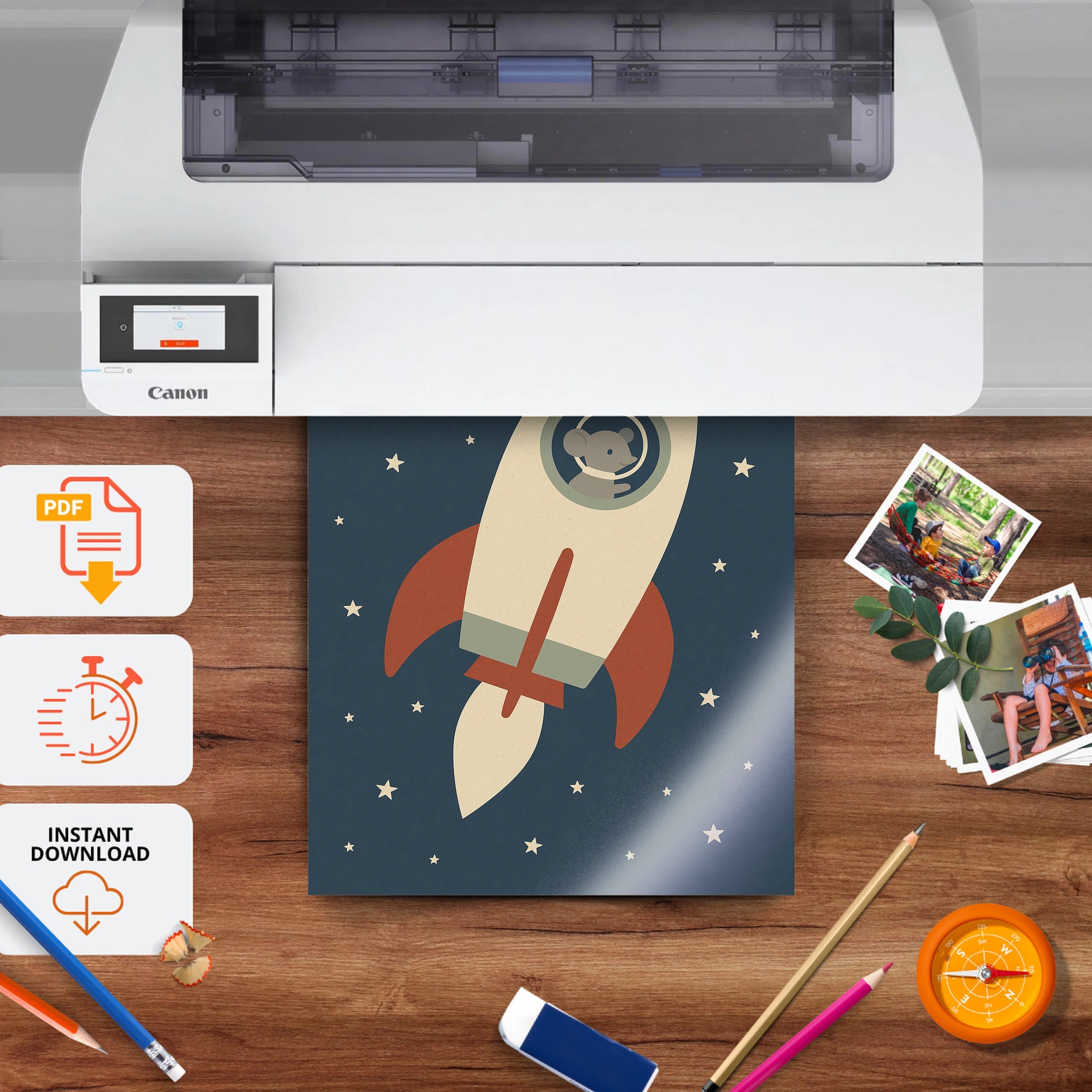 Mouse in a Rocket Nursery Print - printable nursery wall art, instant download to print at home