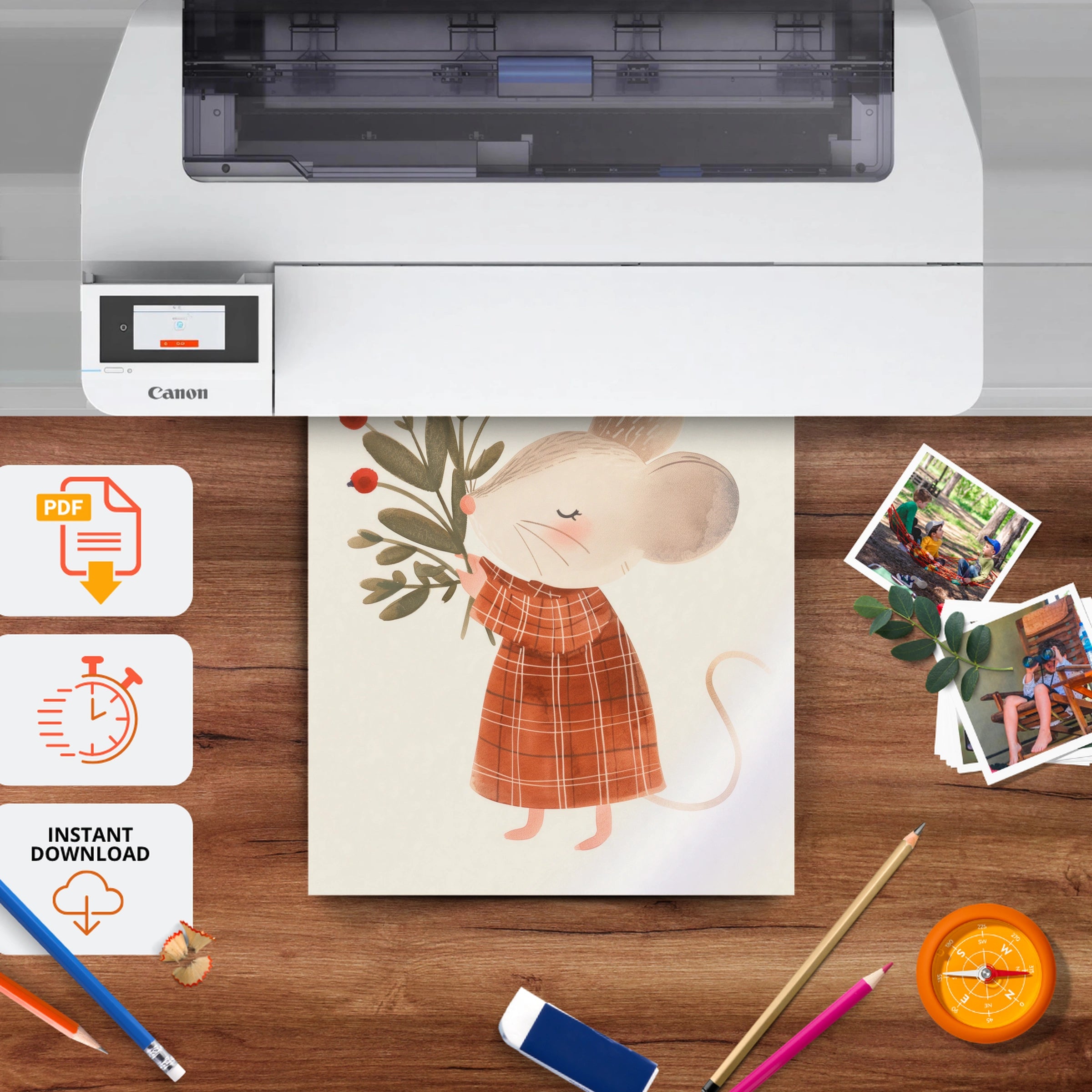 Mouse with Berries Nursery Print - printable nursery wall art, instant download to print at home