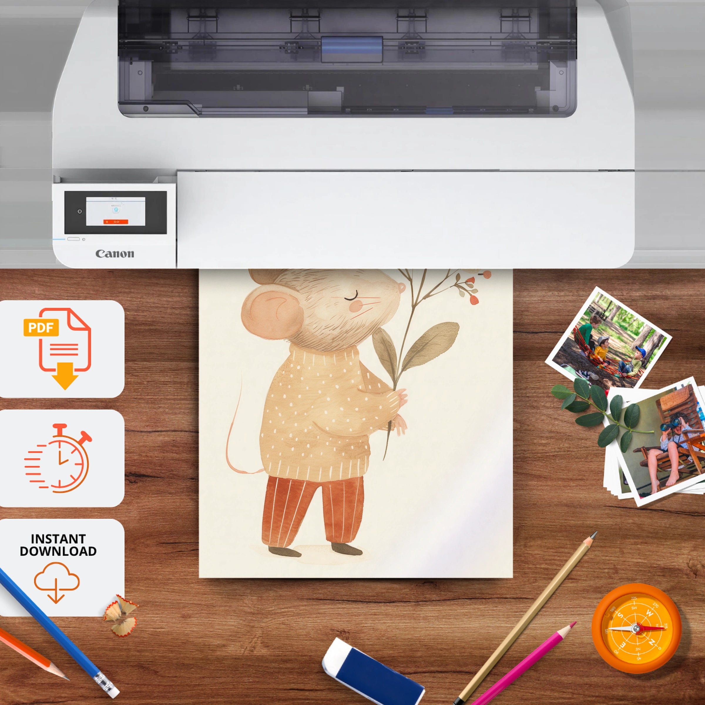 Mouse with Flowers Nursery Print - printable nursery wall art, instant download to print at home