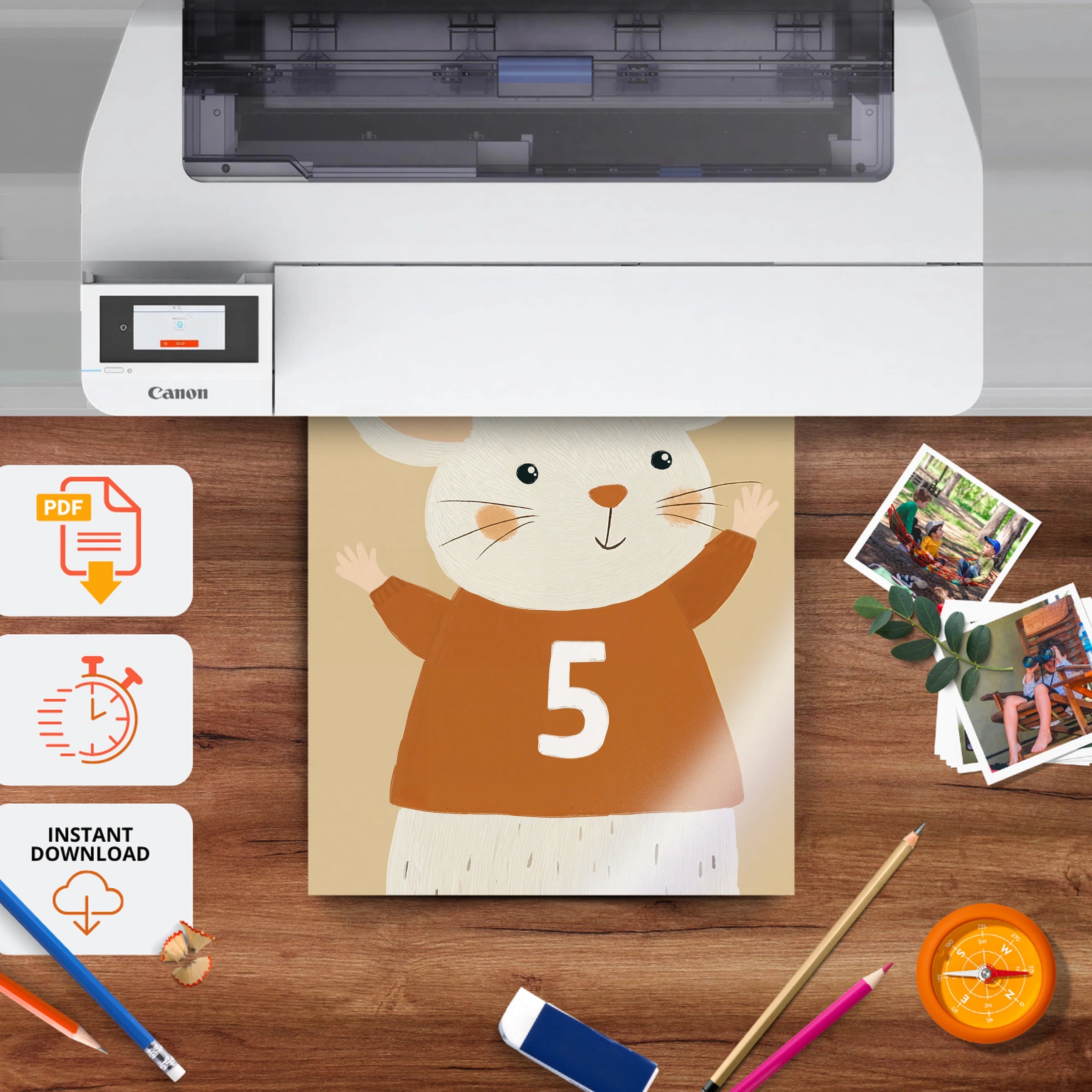 Number Five Mouse Nursery Print - printable nursery wall art, instant download to print at home
