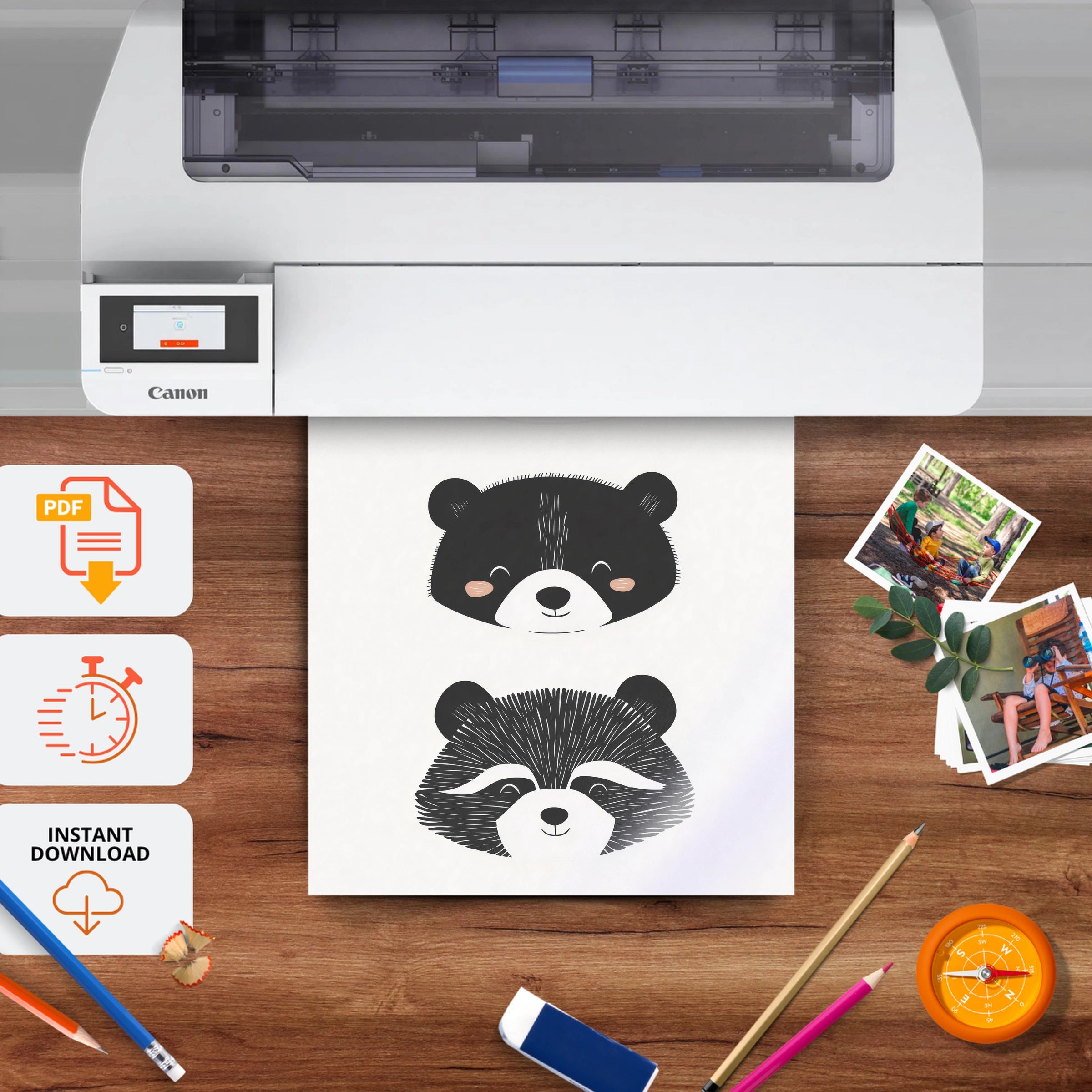 Panda Bear Raccoon Nursery Print - printable nursery wall art, instant download to print at home