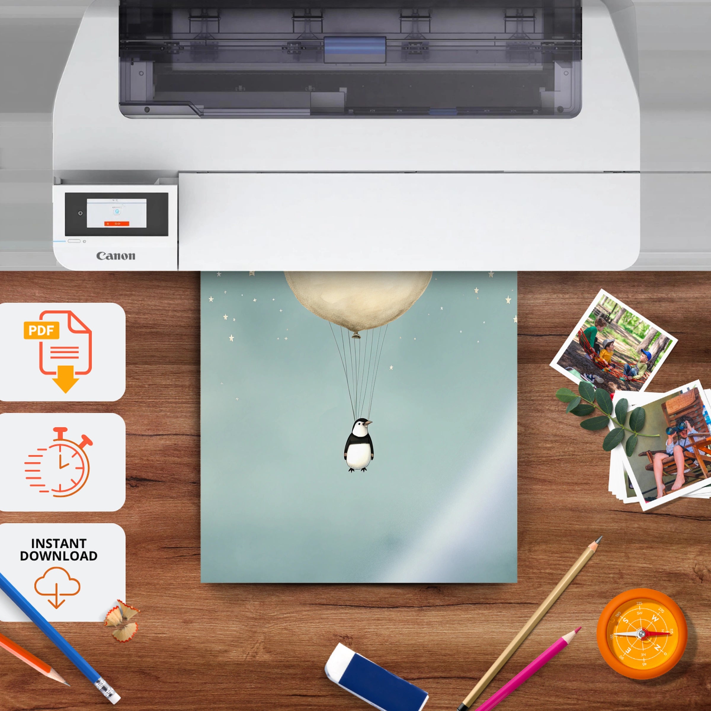 Penguin Balloon Nursery Print - printable nursery wall art, instant download to print at home