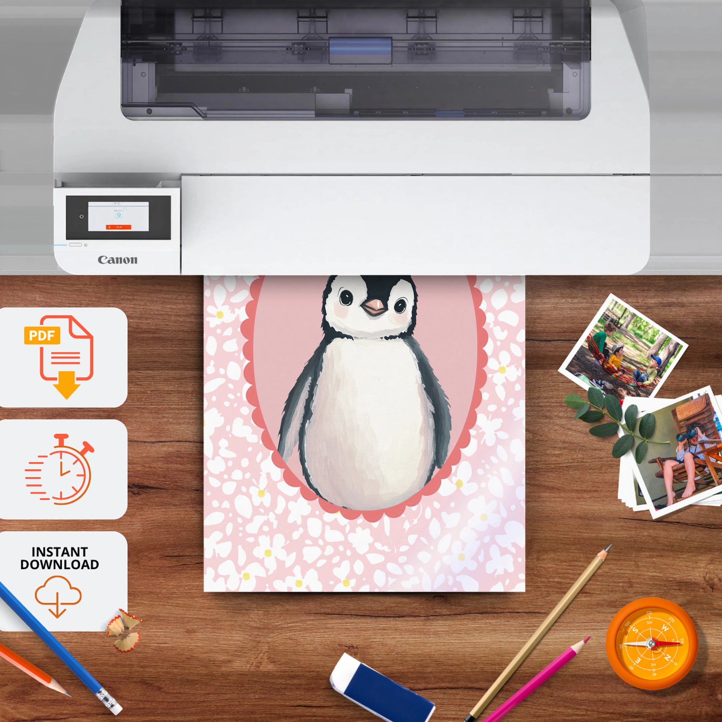 Penguin Cameo Nursery Print - printable nursery wall art, instant download to print at home