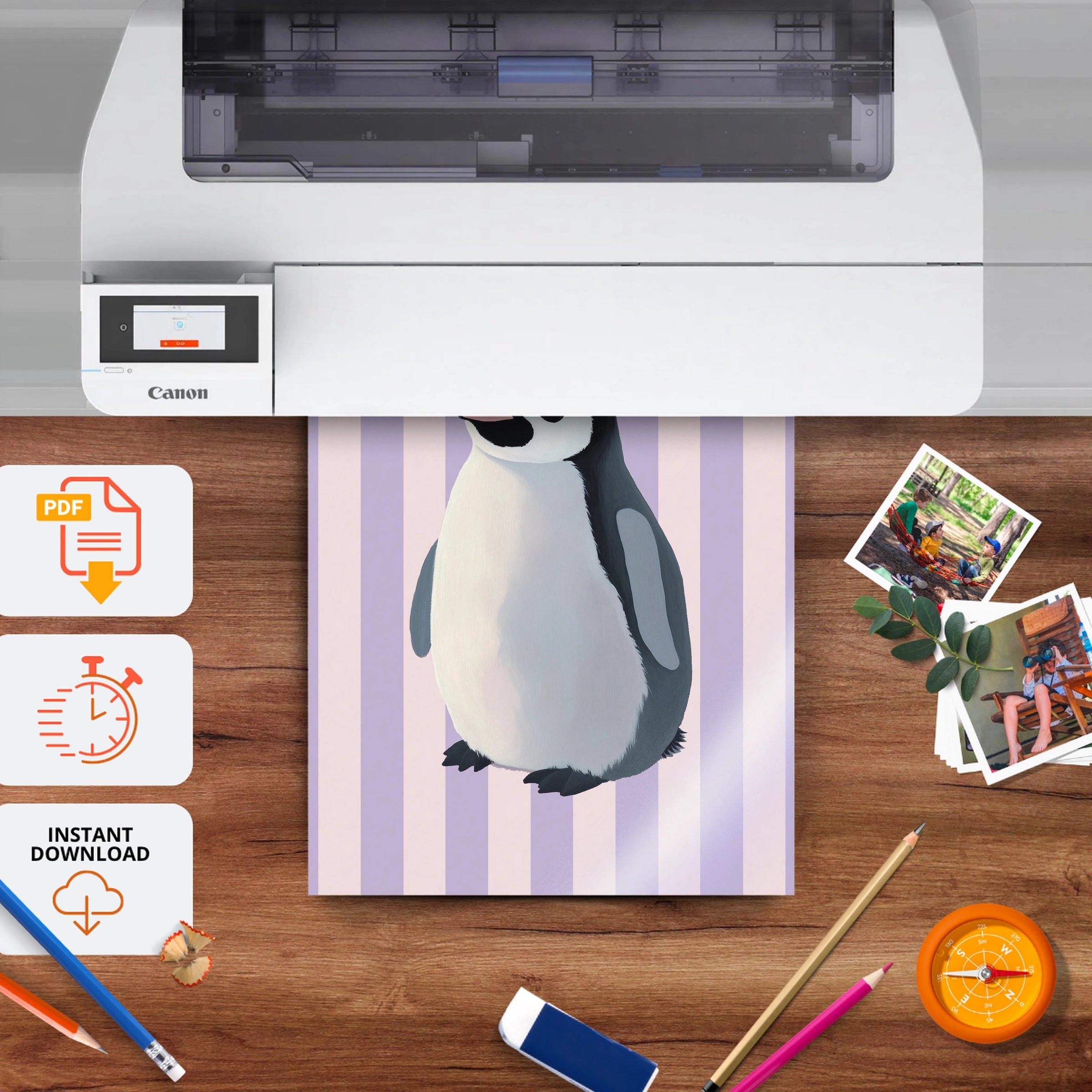 Penguin on Stripes Nursery Print - printable nursery wall art, instant download to print at home
