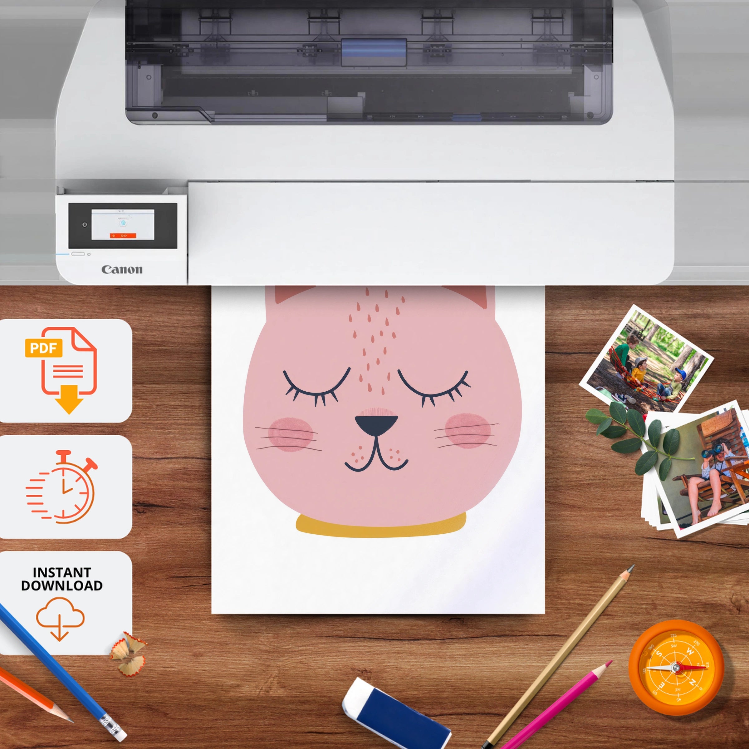Pink Cat Face Nursery Print - printable nursery wall art, instant download to print at home
