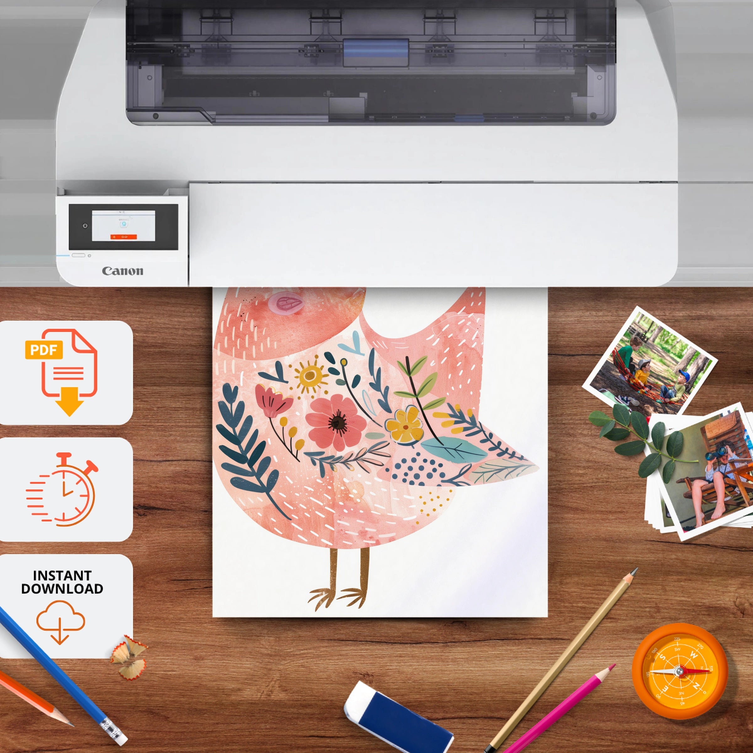 Pink Folk Bird Nursery Print - printable nursery wall art, instant download to print at home