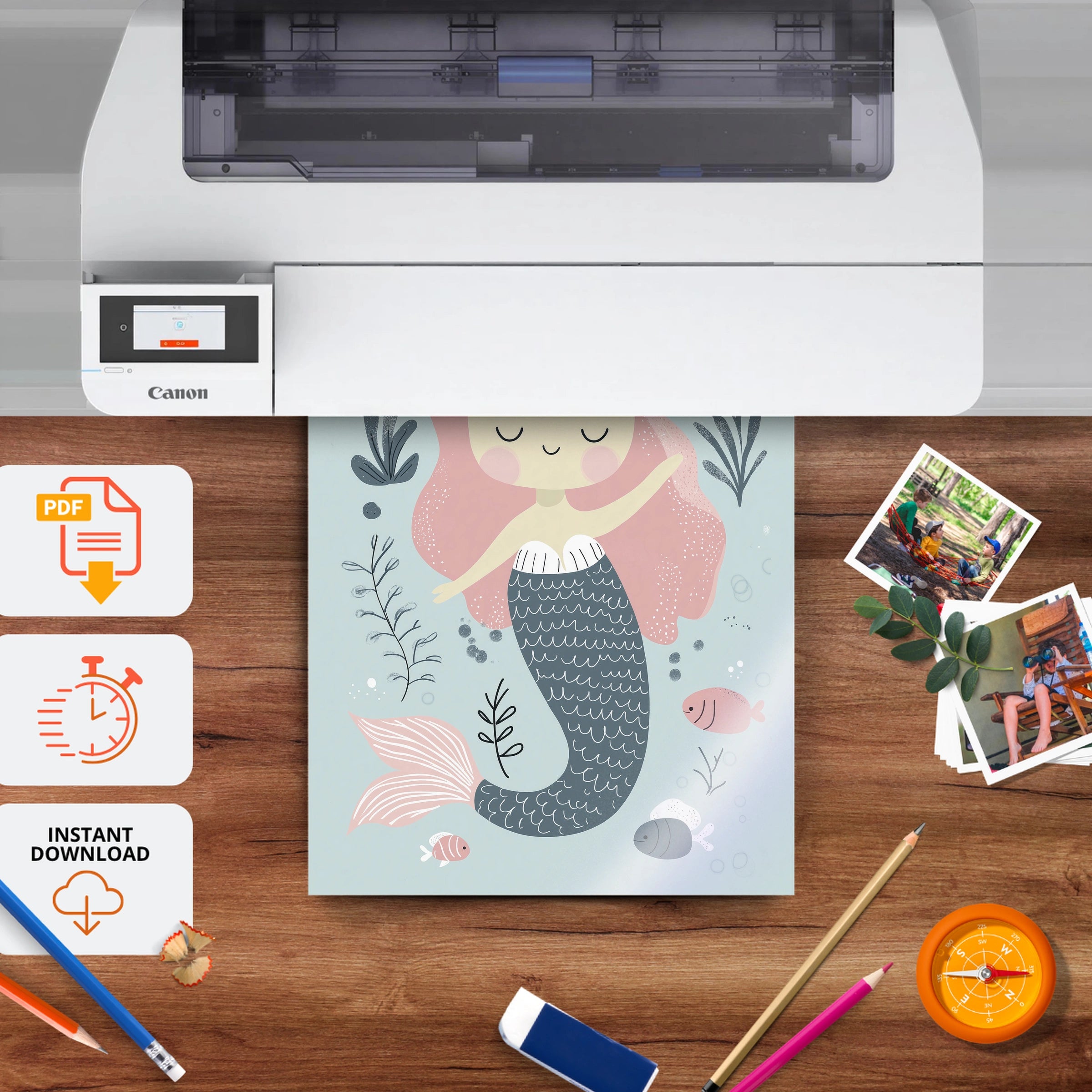 Pink Mermaid Nursery Print - printable nursery wall art, instant download to print at home