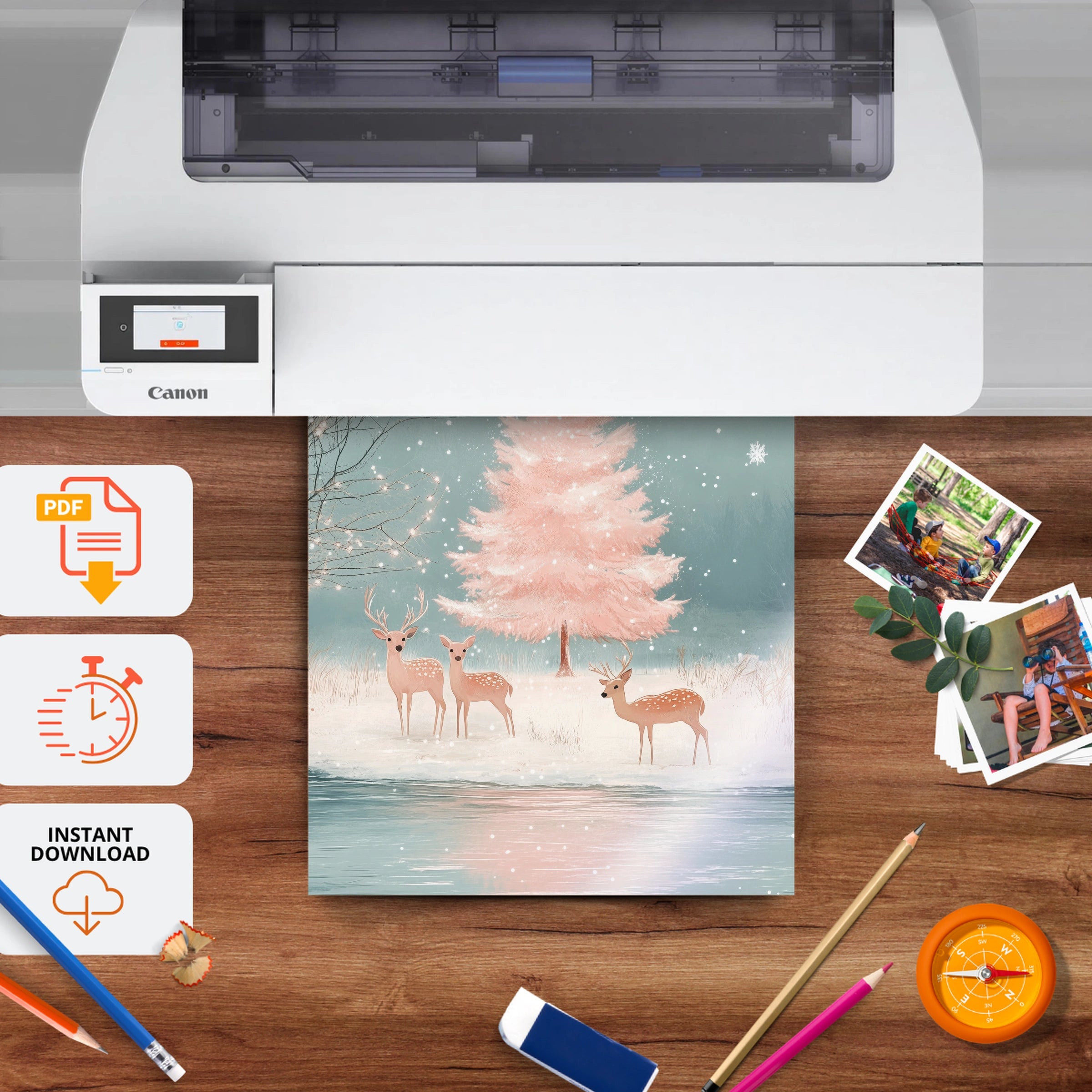 Pink Tree with Deer Christmas Print - printable nursery wall art, instant download to print at home