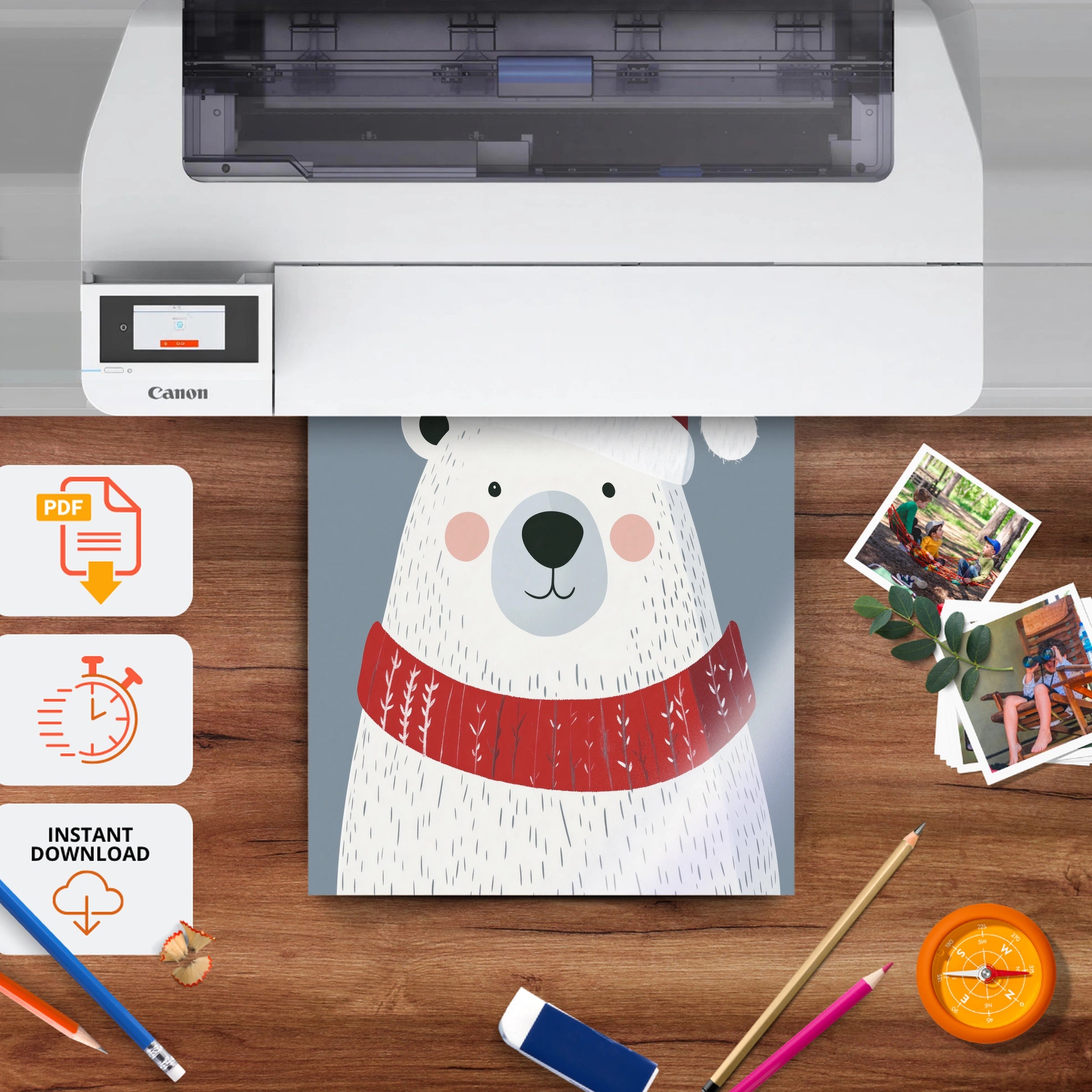 Polar Bear in a Santa Hat Christmas Print - printable nursery wall art, instant download to print at home