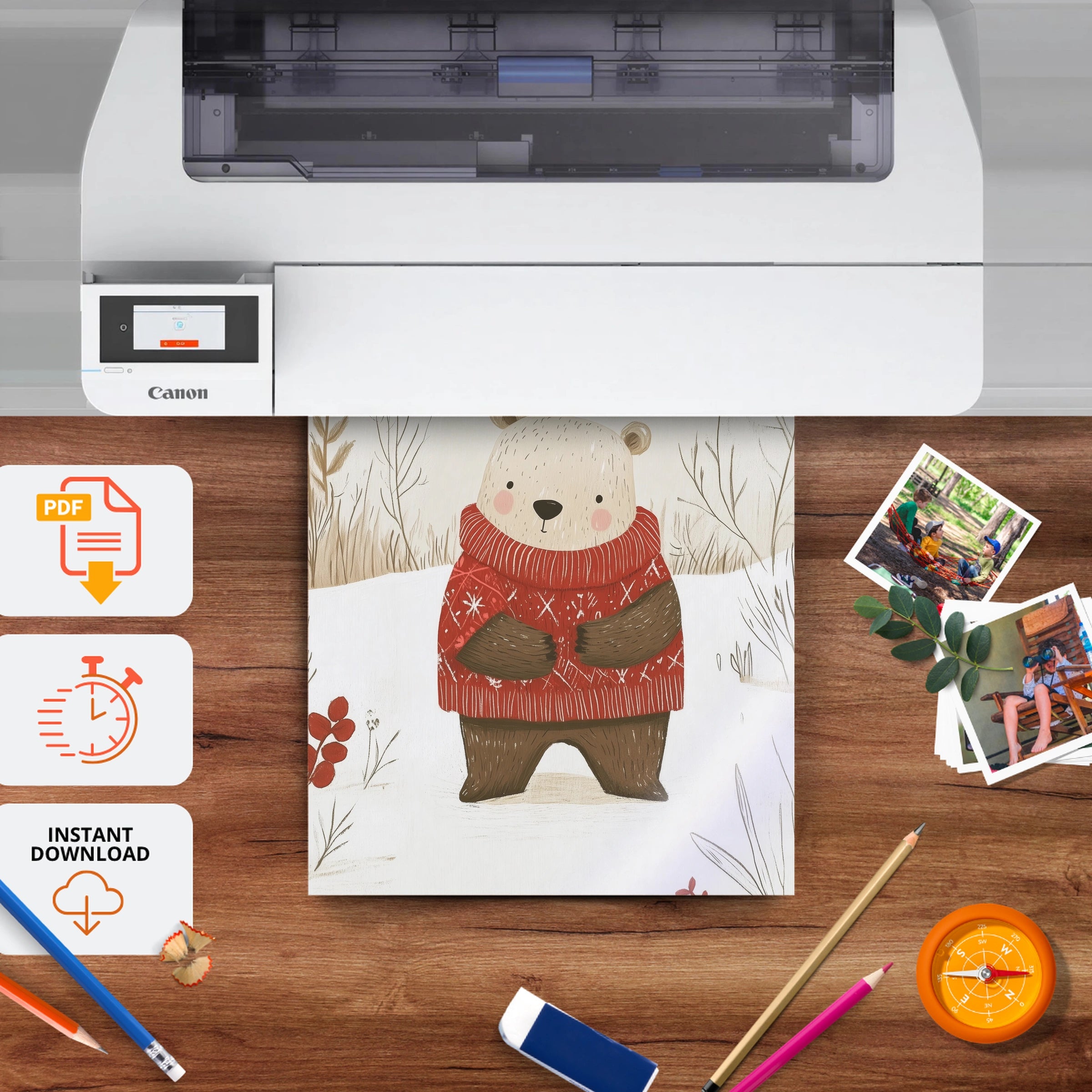 Polar Bear in a Sweater Christmas Print - printable nursery wall art, instant download to print at home