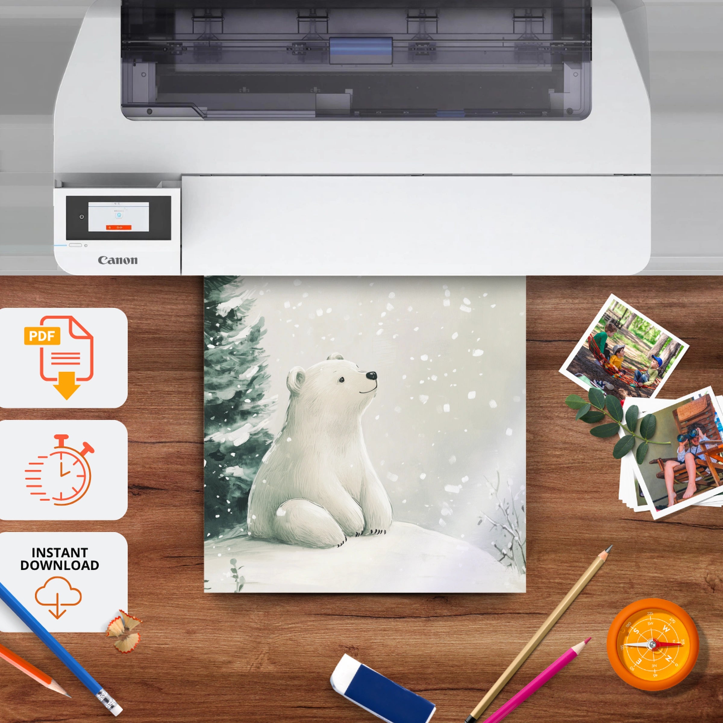 Polar Bear in the Forest Christmas Print - printable nursery wall art, instant download to print at home