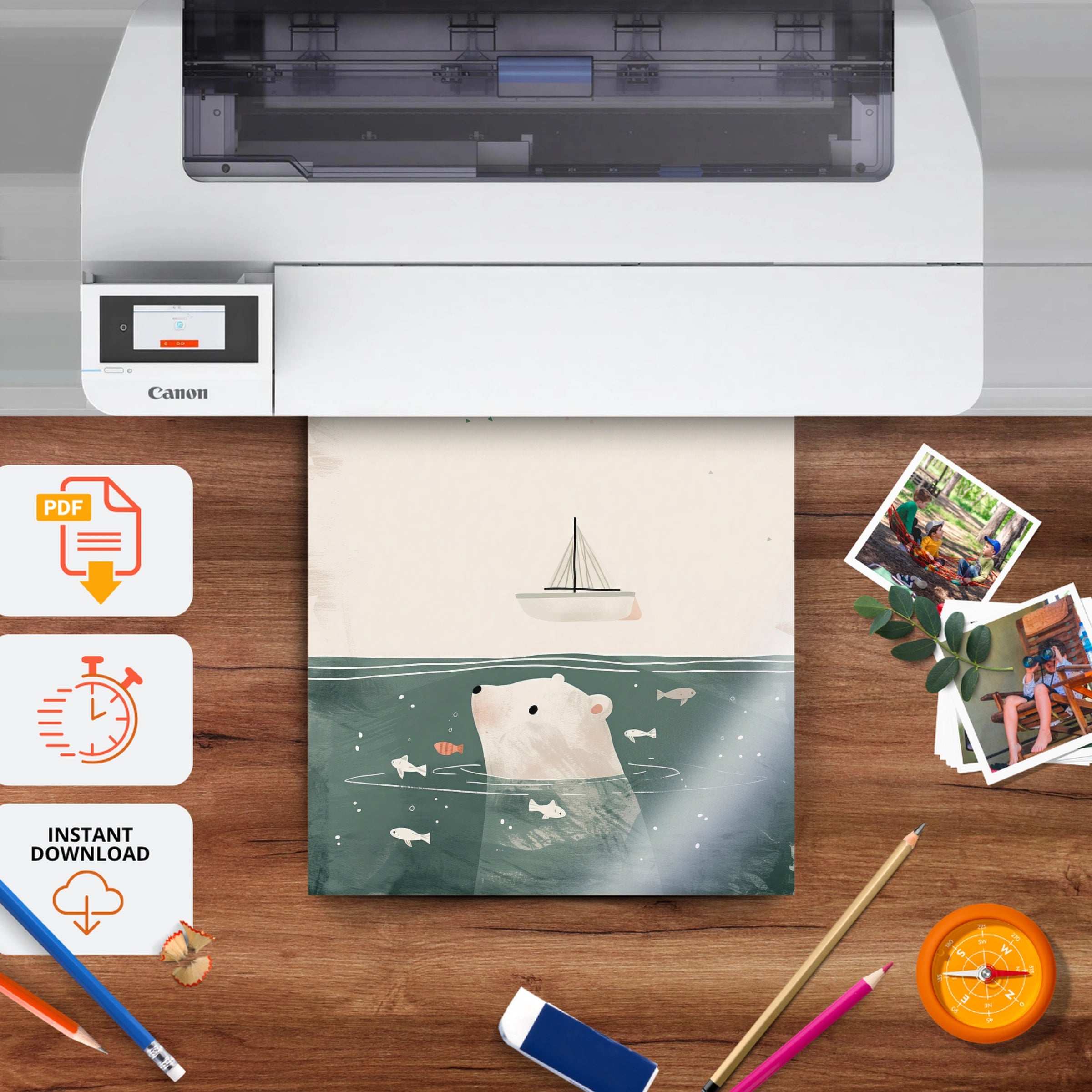 Polar Bear in the Sea Nursery Print - printable nursery wall art, instant download to print at home