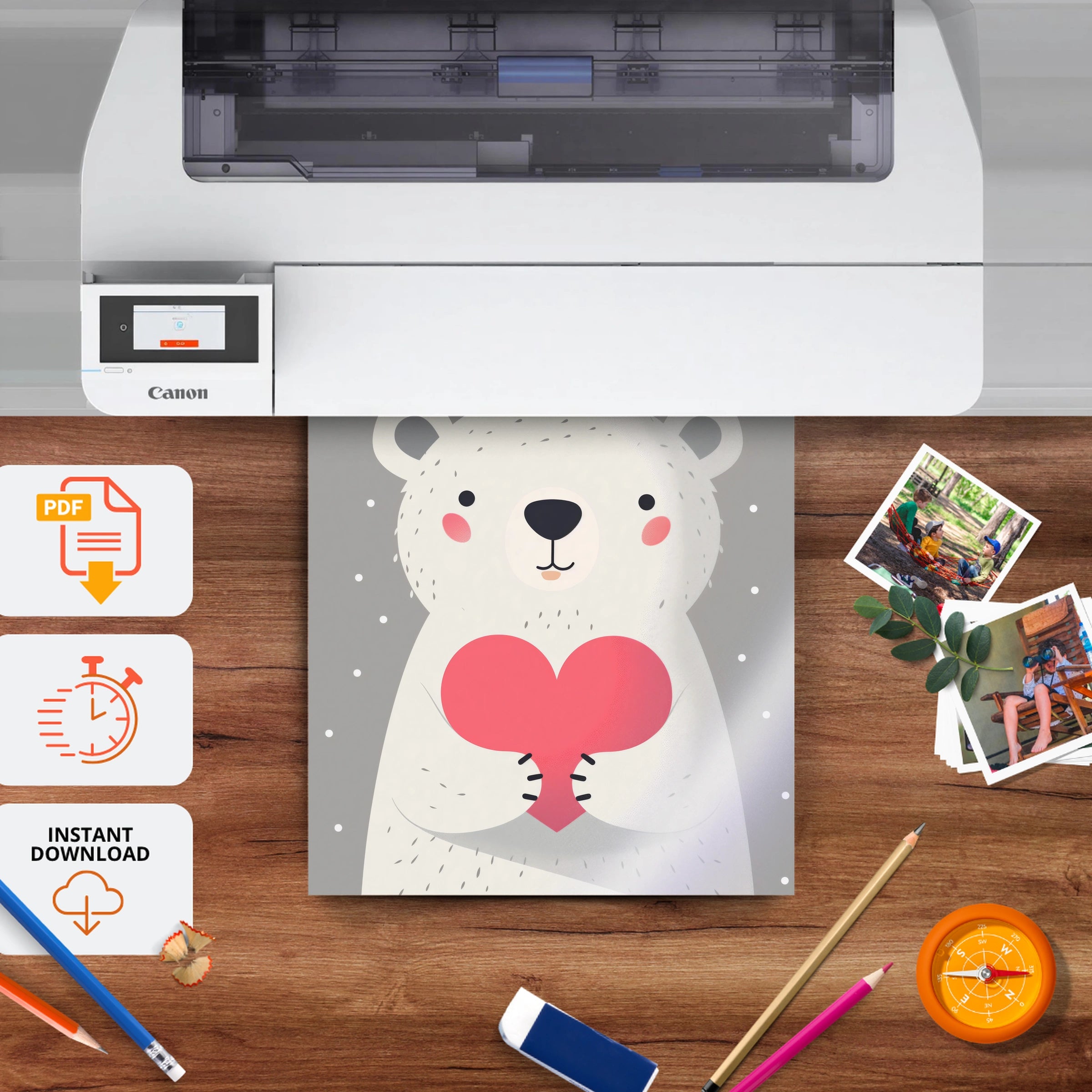 Polar Bear with a Heart Nursery Print - printable nursery wall art, instant download to print at home