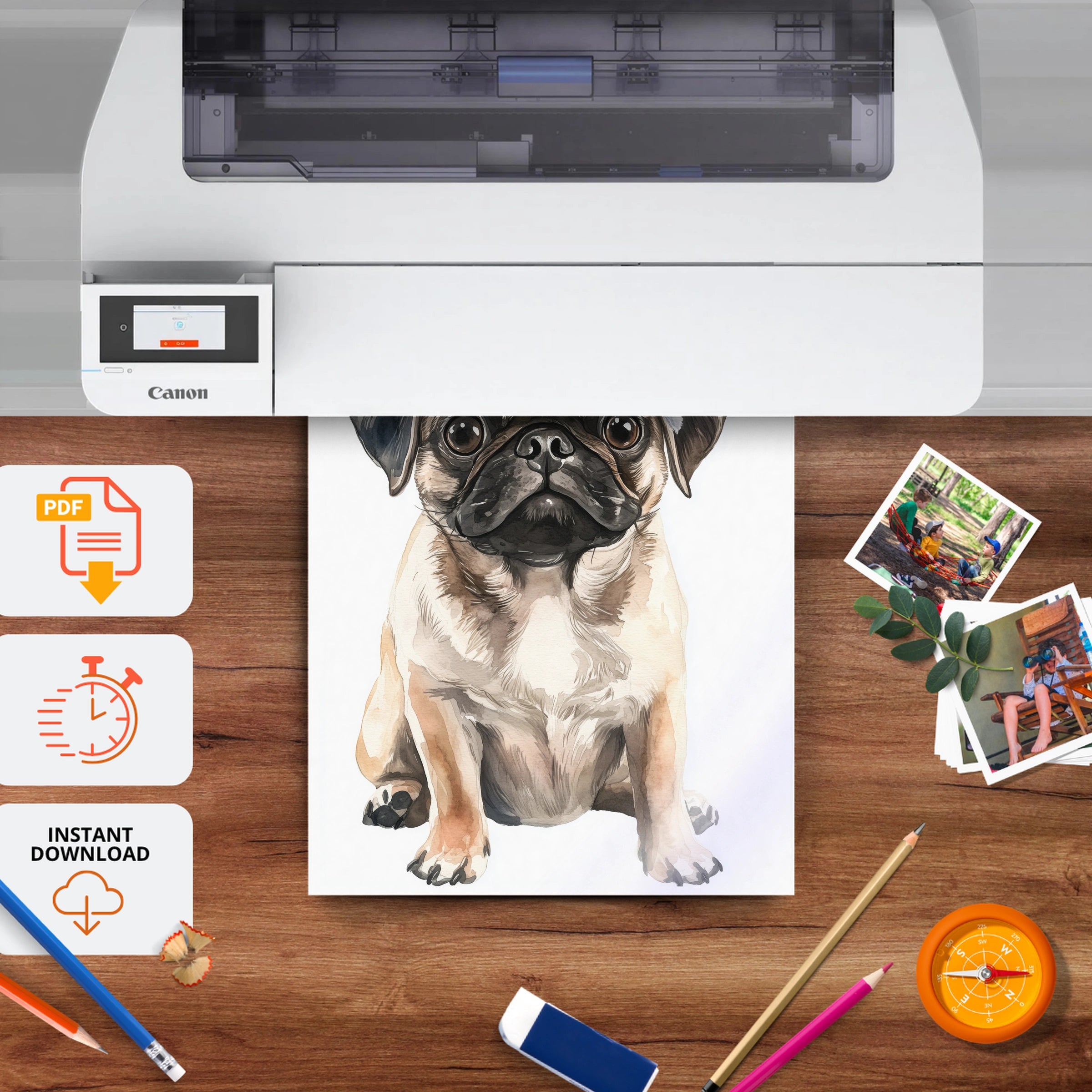 Pug in a Santa Hat Christmas Print - printable nursery wall art, instant download to print at home
