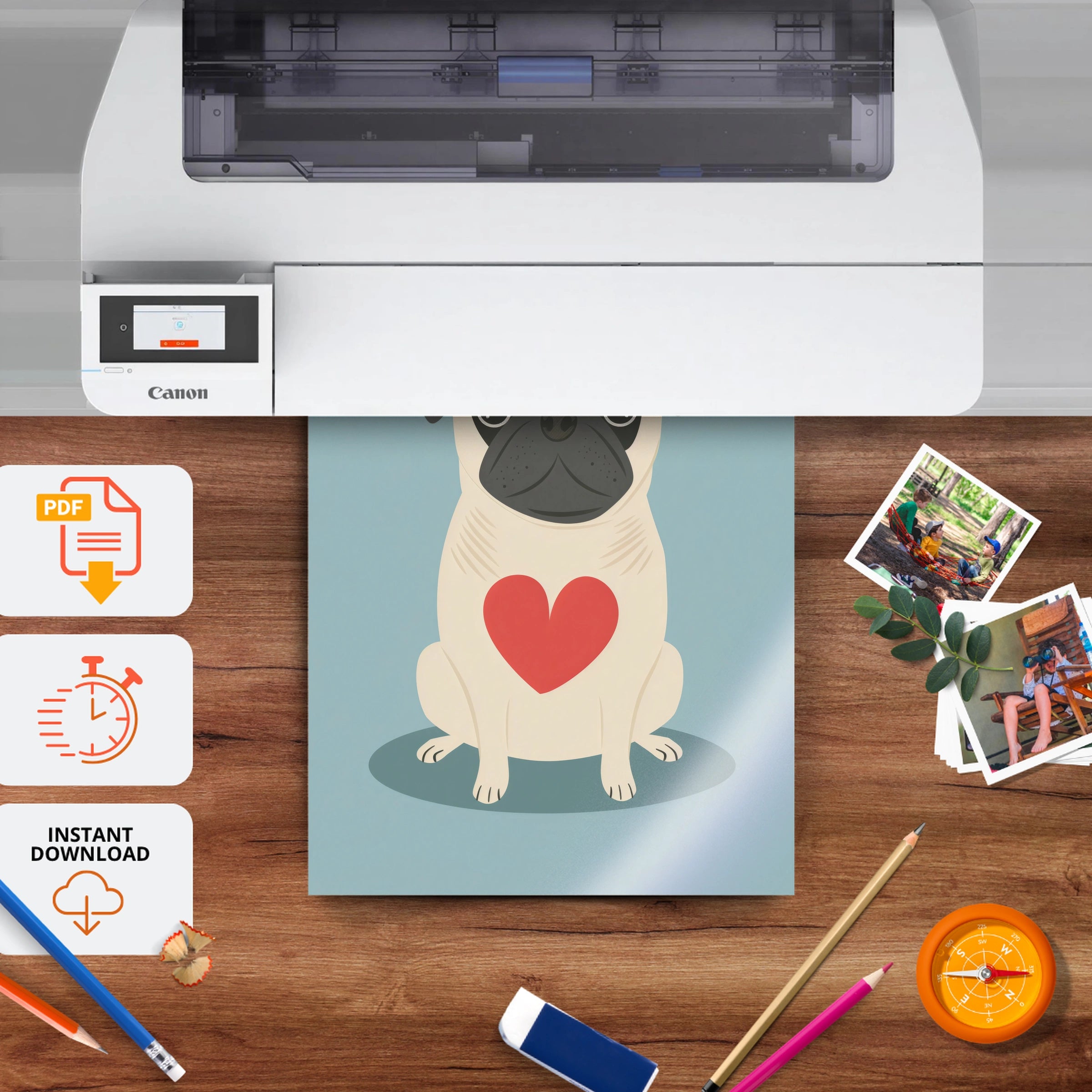 Pug with a Heart Nursery Print - printable nursery wall art, instant download to print at home