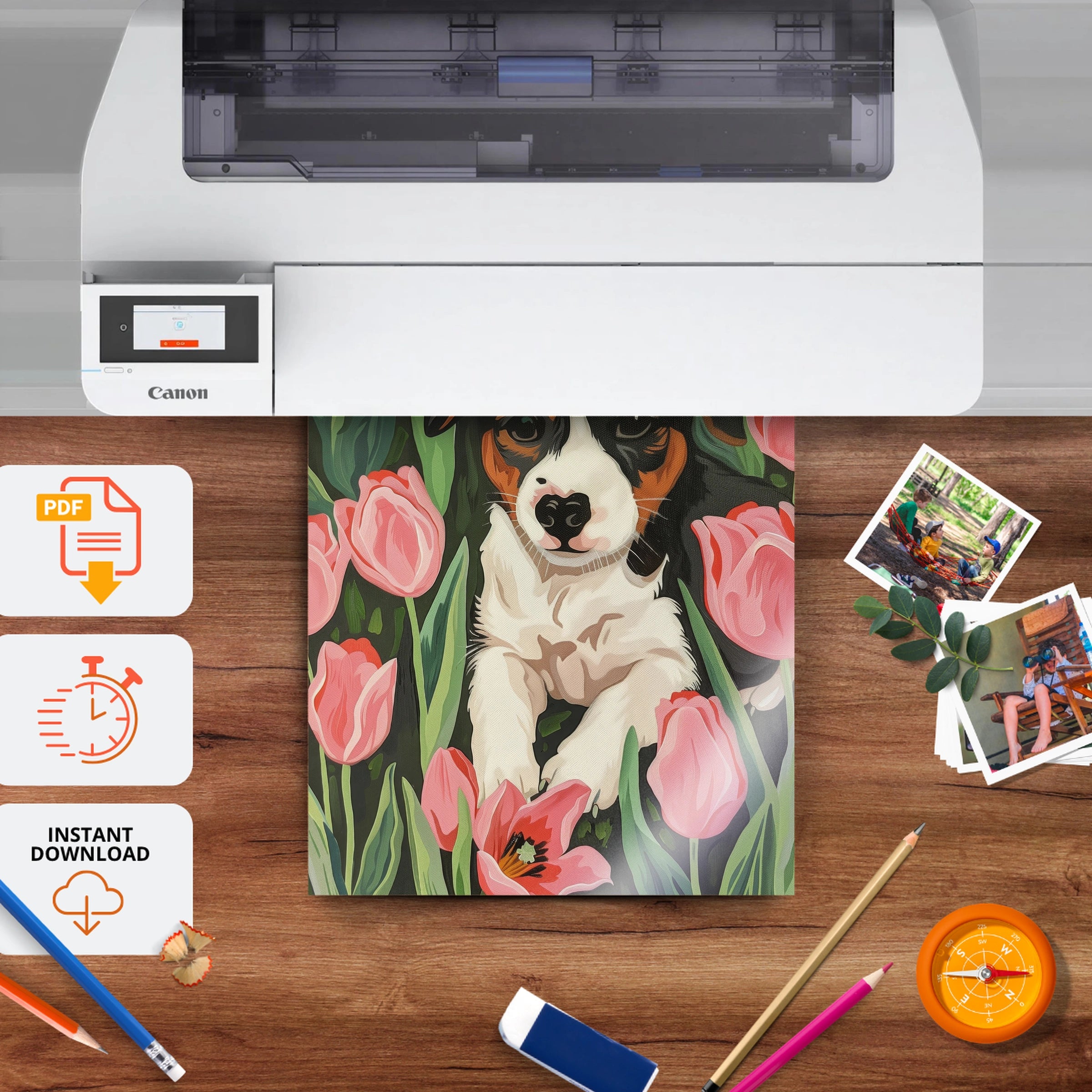 Puppy in Tulips Nursery Print - printable nursery wall art, instant download to print at home
