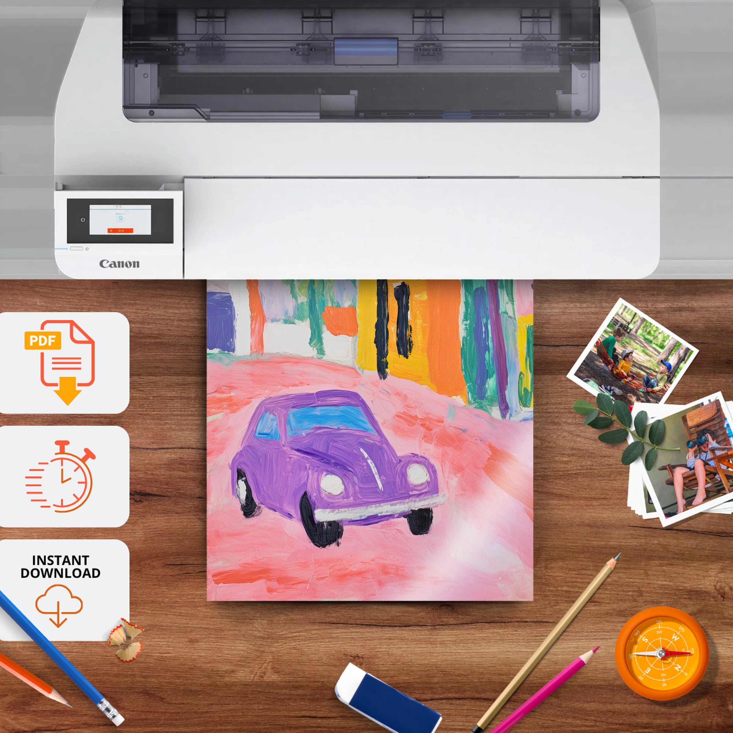 Purple Car in Town Nursery Print - printable nursery wall art, instant download to print at home