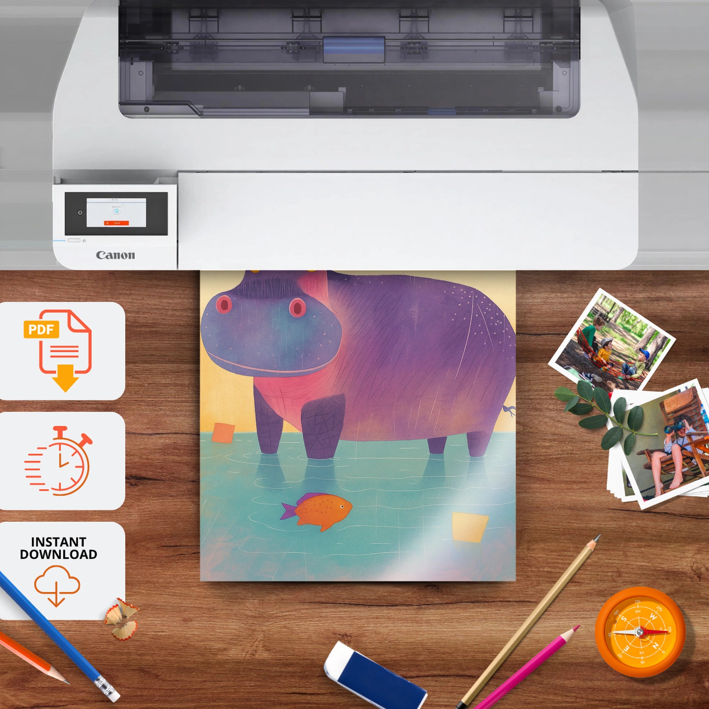 Purple Hippo Nursery Print - printable nursery wall art, instant download to print at home
