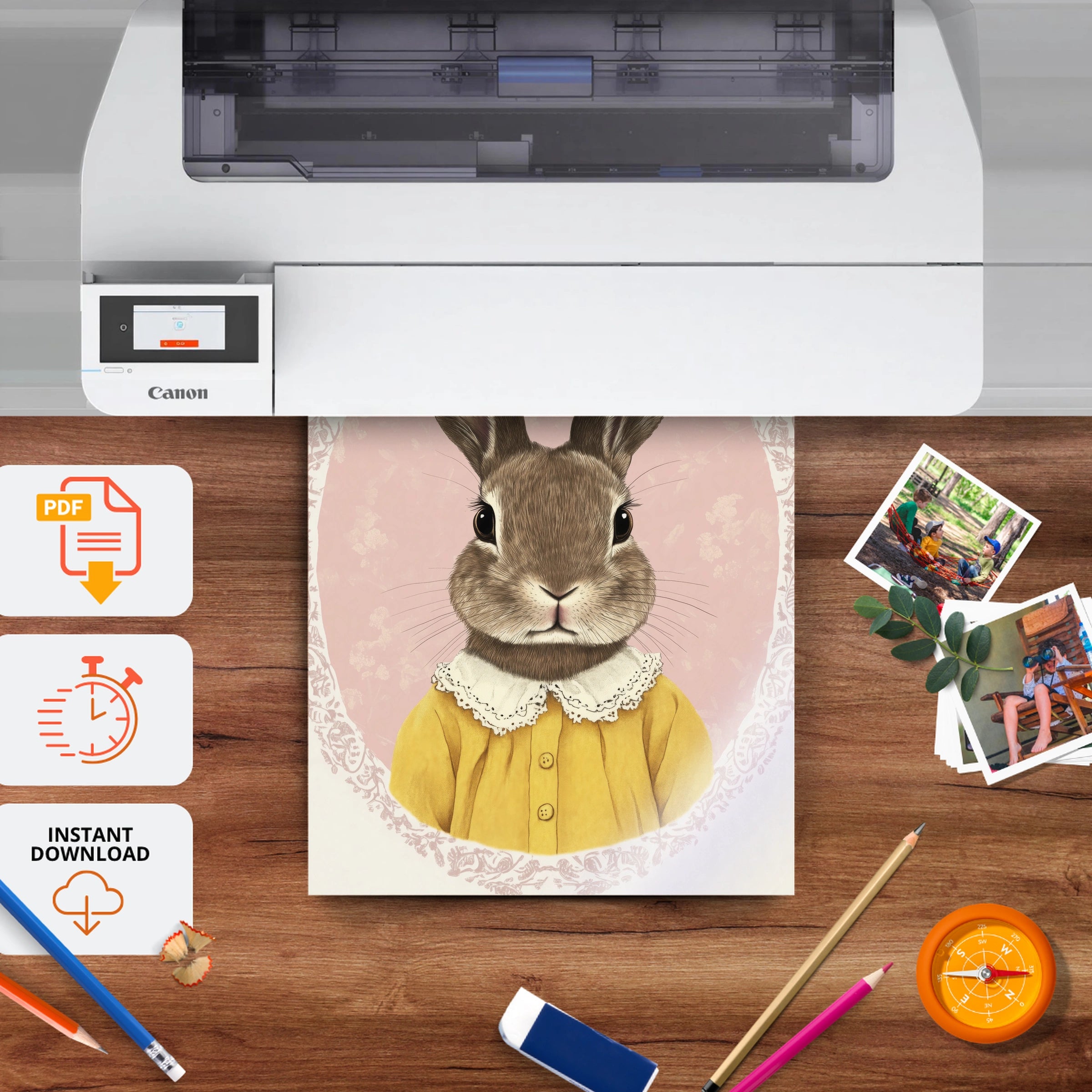 Rabbit Cameo in Yellow Nursery Print - printable nursery wall art, instant download to print at home