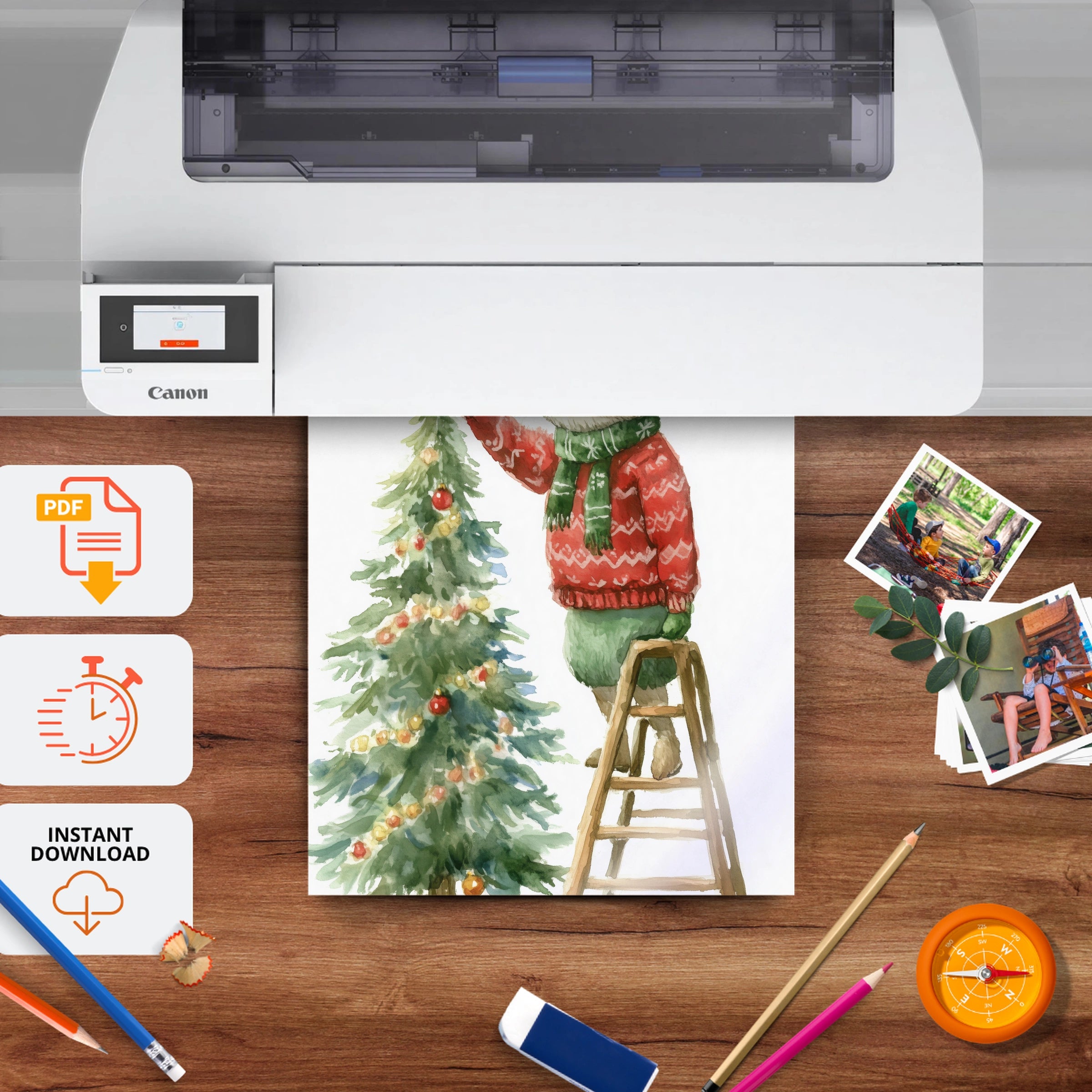Rabbit Decorating the Tree Christmas Print - printable nursery wall art, instant download to print at home