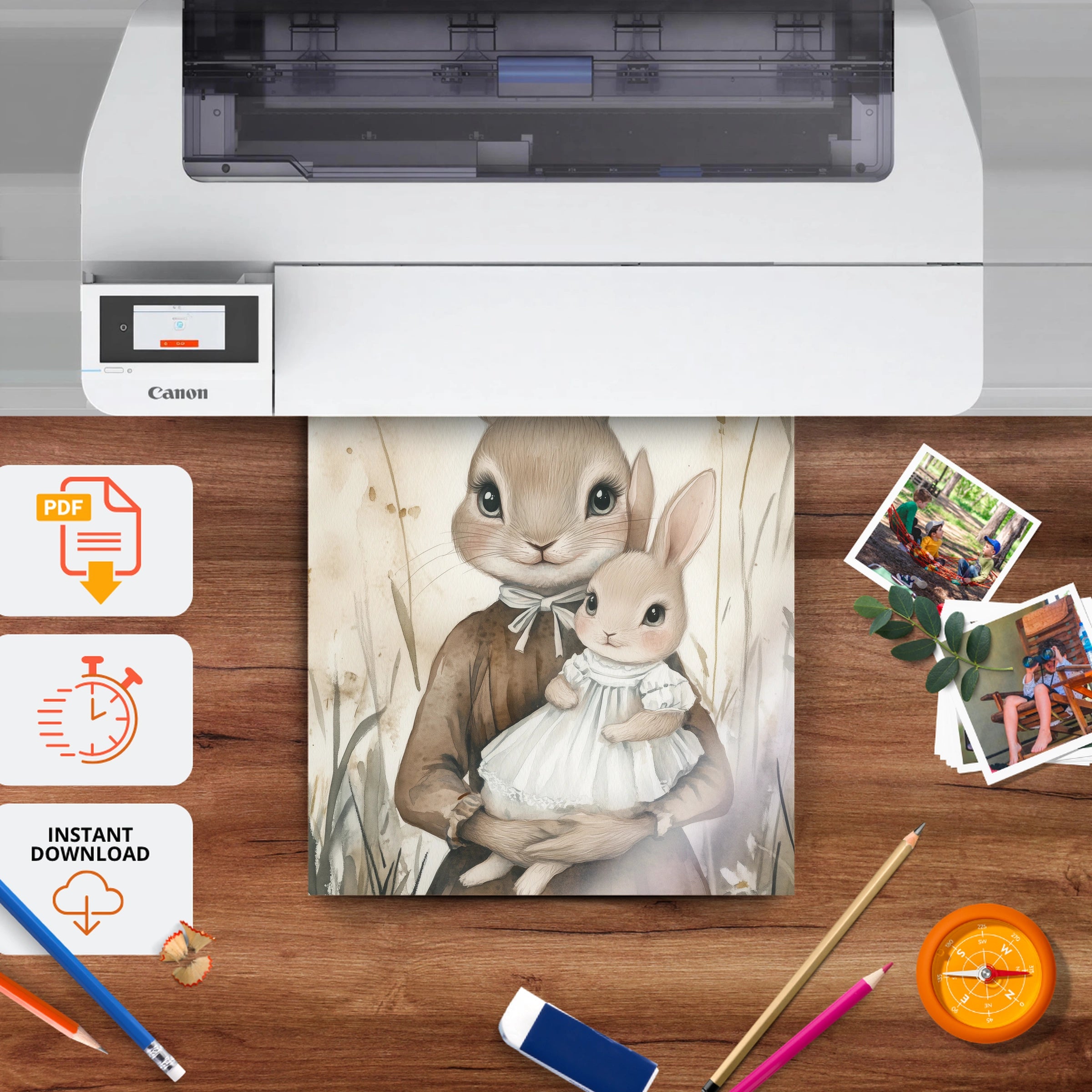 Rabbit Holding Baby Nursery Print - printable nursery wall art, instant download to print at home