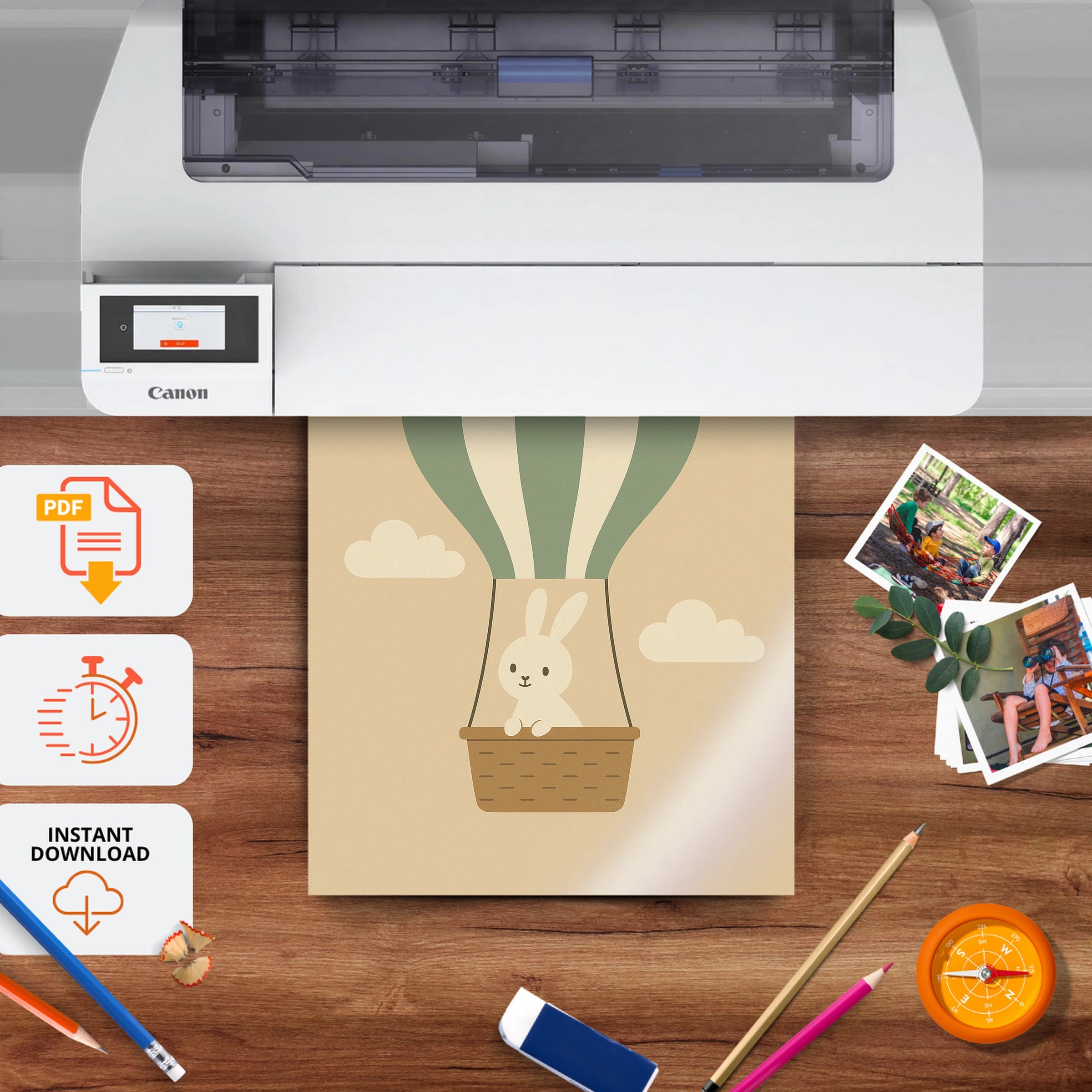 Rabbit Hot Air Balloon Nursery Print - printable nursery wall art, instant download to print at home