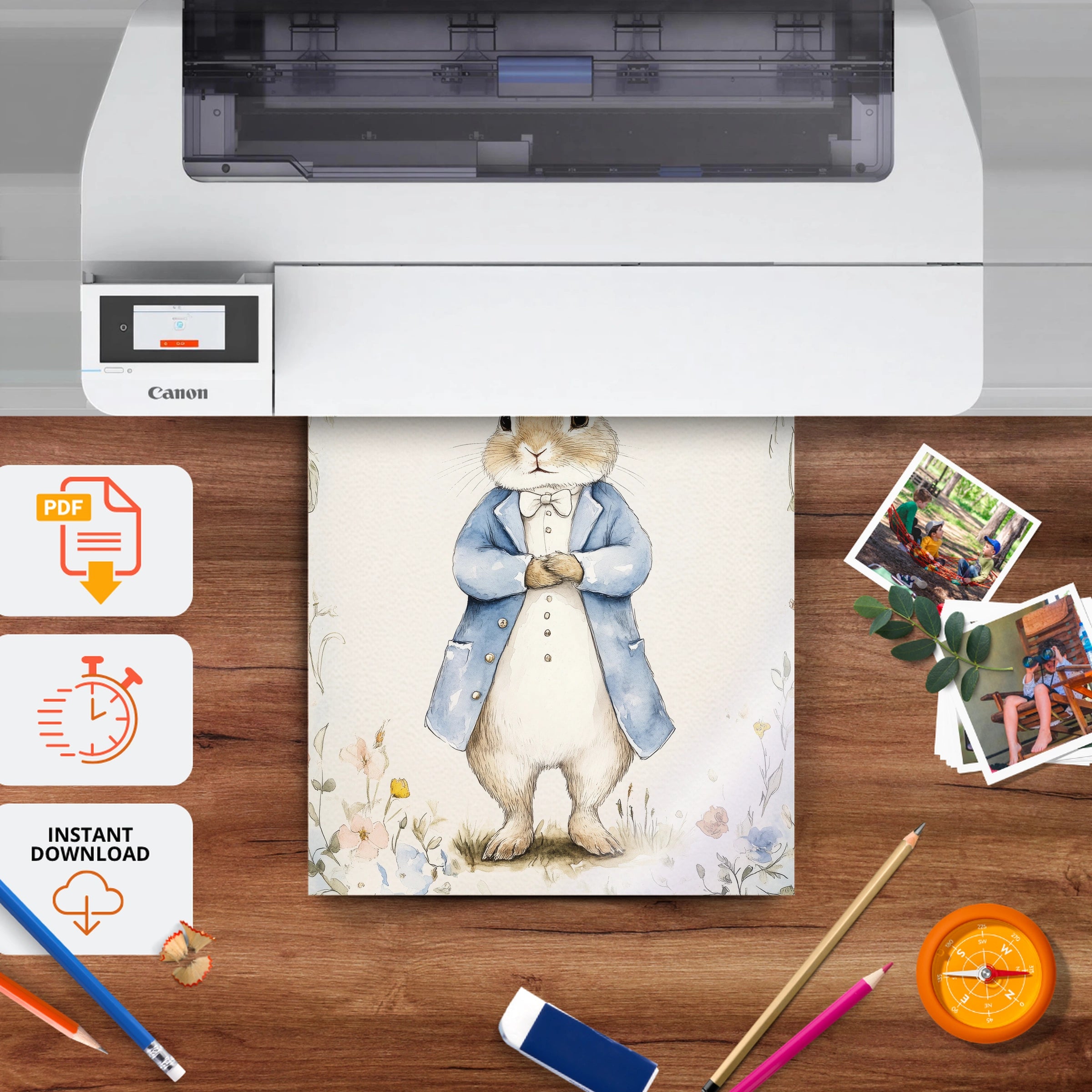 Rabbit in a Blue Coat Nursery Print - printable nursery wall art, instant download to print at home