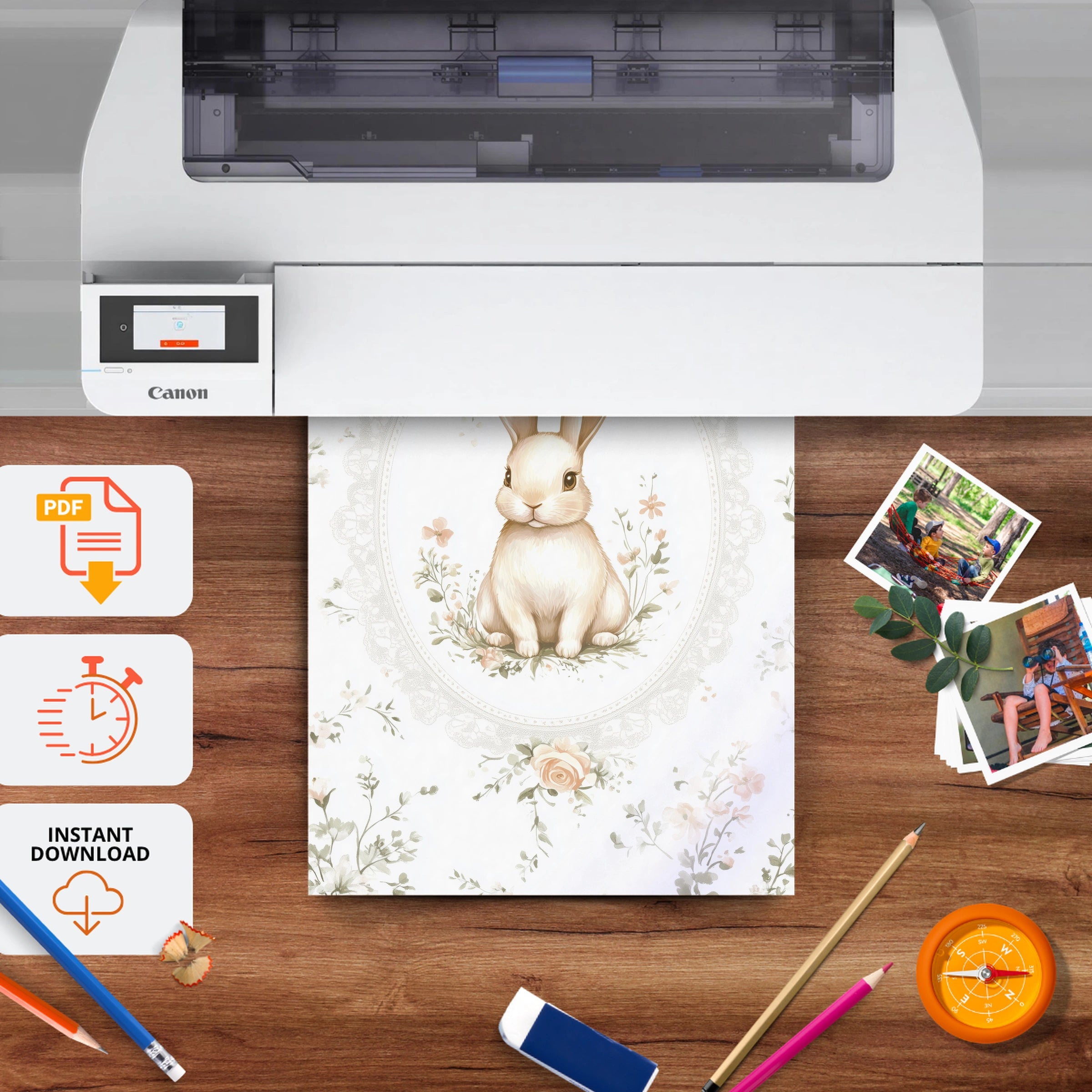 Rabbit in a Floral Frame Nursery Print - printable nursery wall art, instant download to print at home