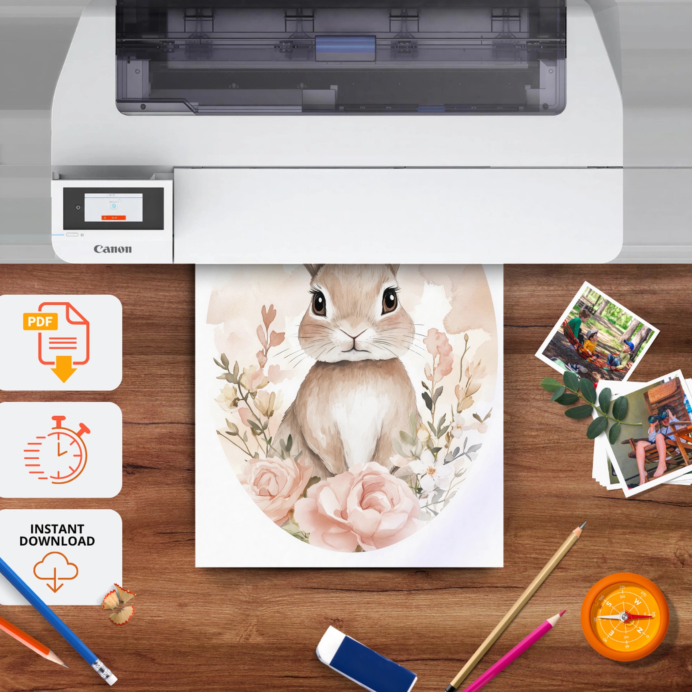 Rabbit in a Rose Frame Nursery Print - printable nursery wall art, instant download to print at home