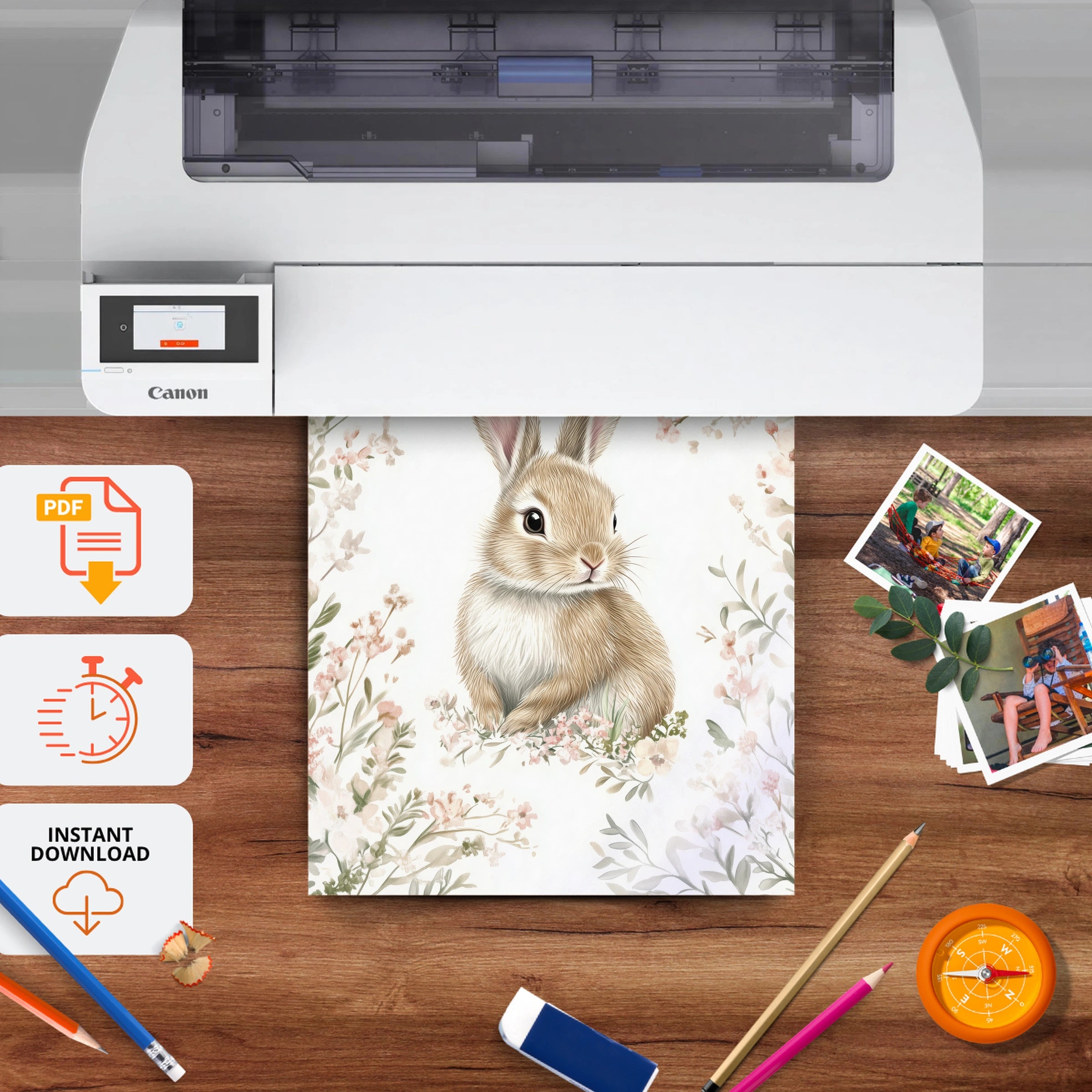 Rabbit in Blossom Nursery Print - printable nursery wall art, instant download to print at home