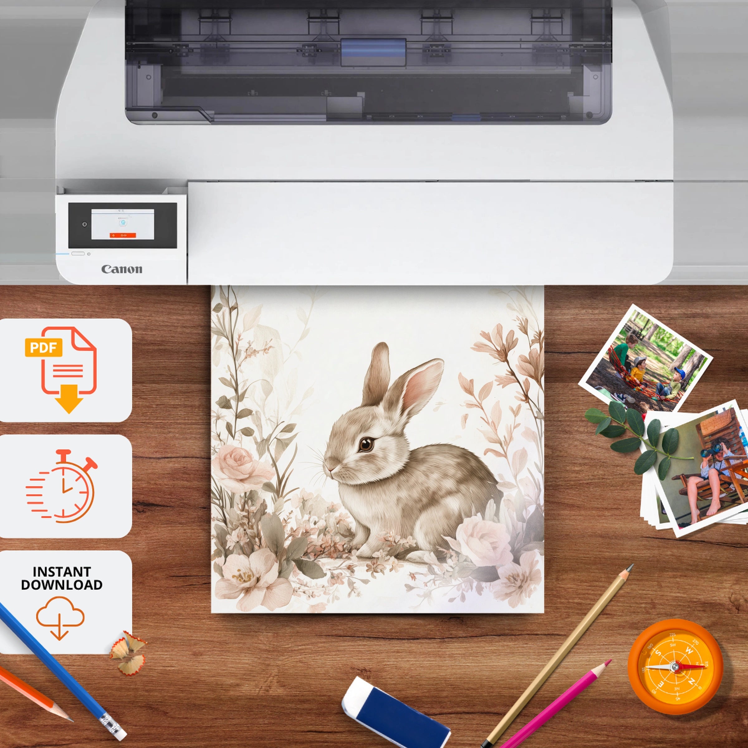 Rabbit in Roses Nursery Print - printable nursery wall art, instant download to print at home