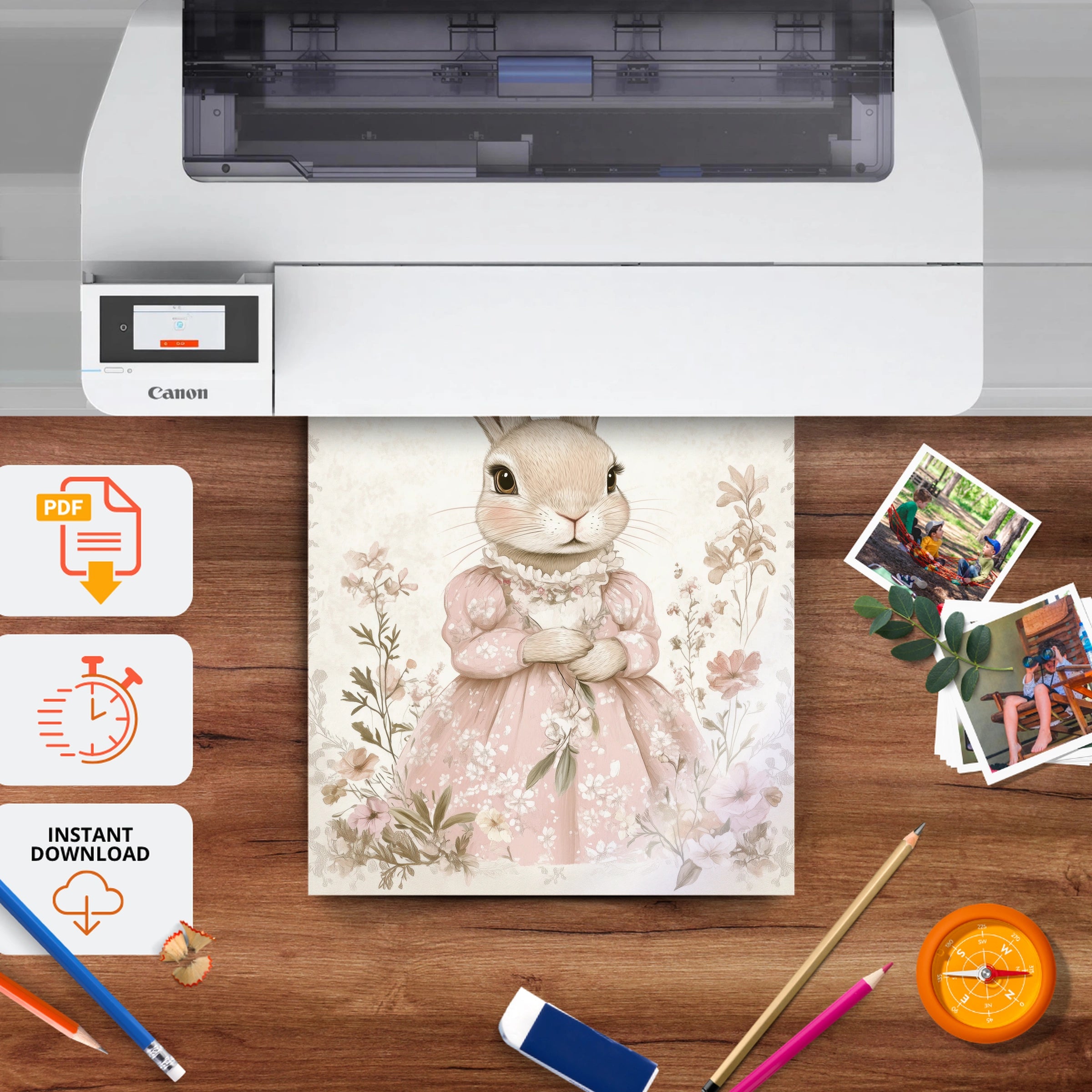 Rabbit Lady in Pink Nursery Print - printable nursery wall art, instant download to print at home