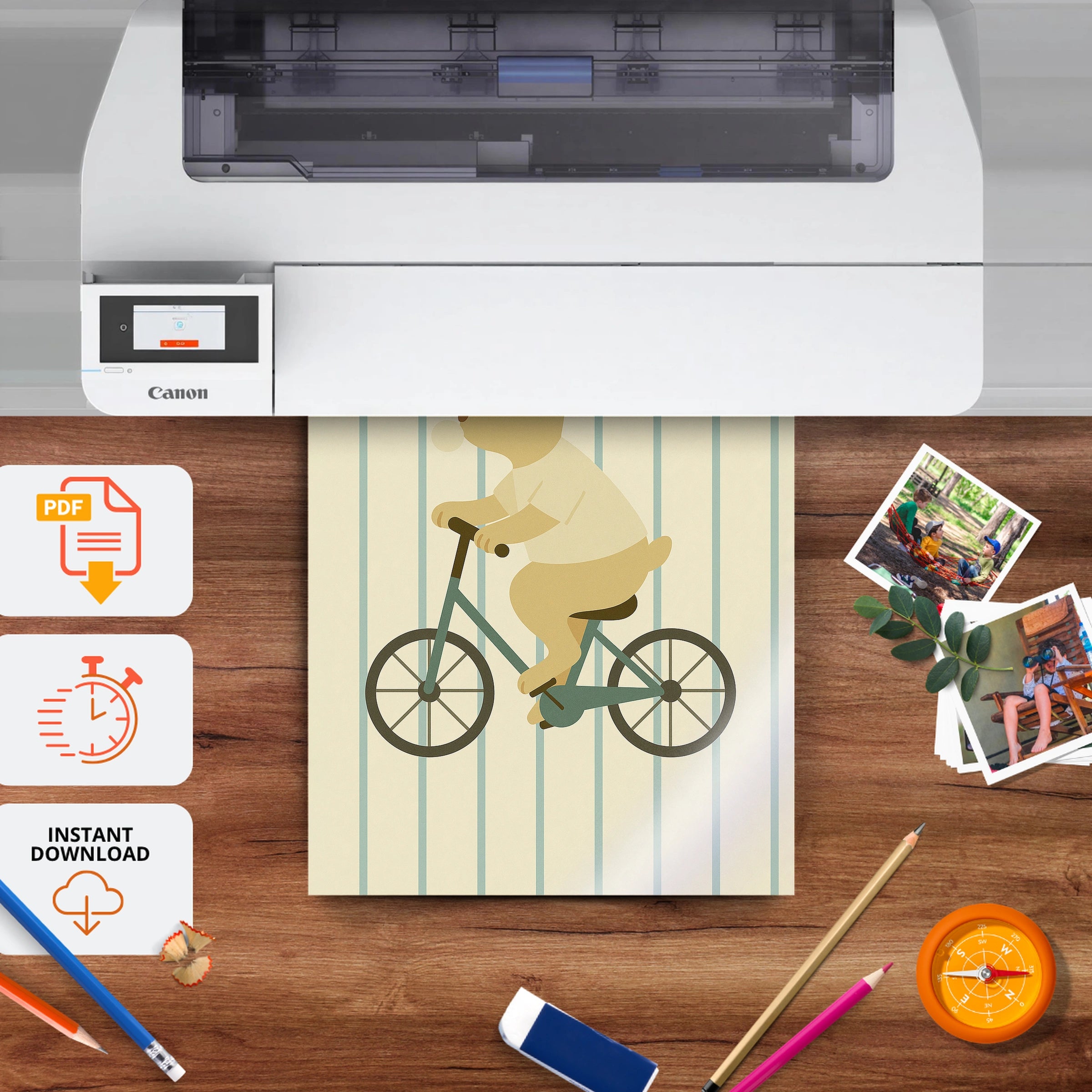 Rabbit on a Bicycle Nursery Print - printable nursery wall art, instant download to print at home