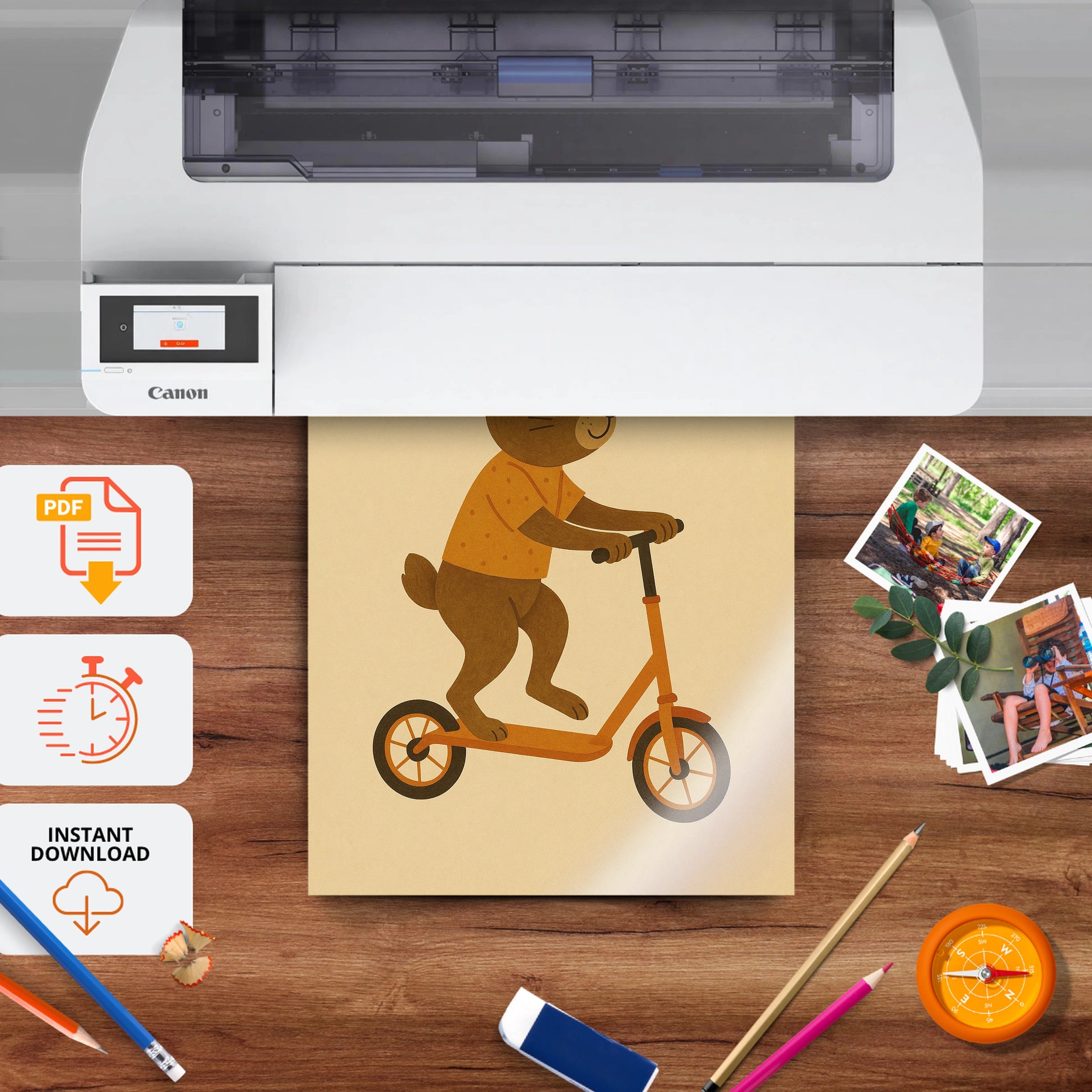Rabbit on a Scooter Nursery Print - printable nursery wall art, instant download to print at home