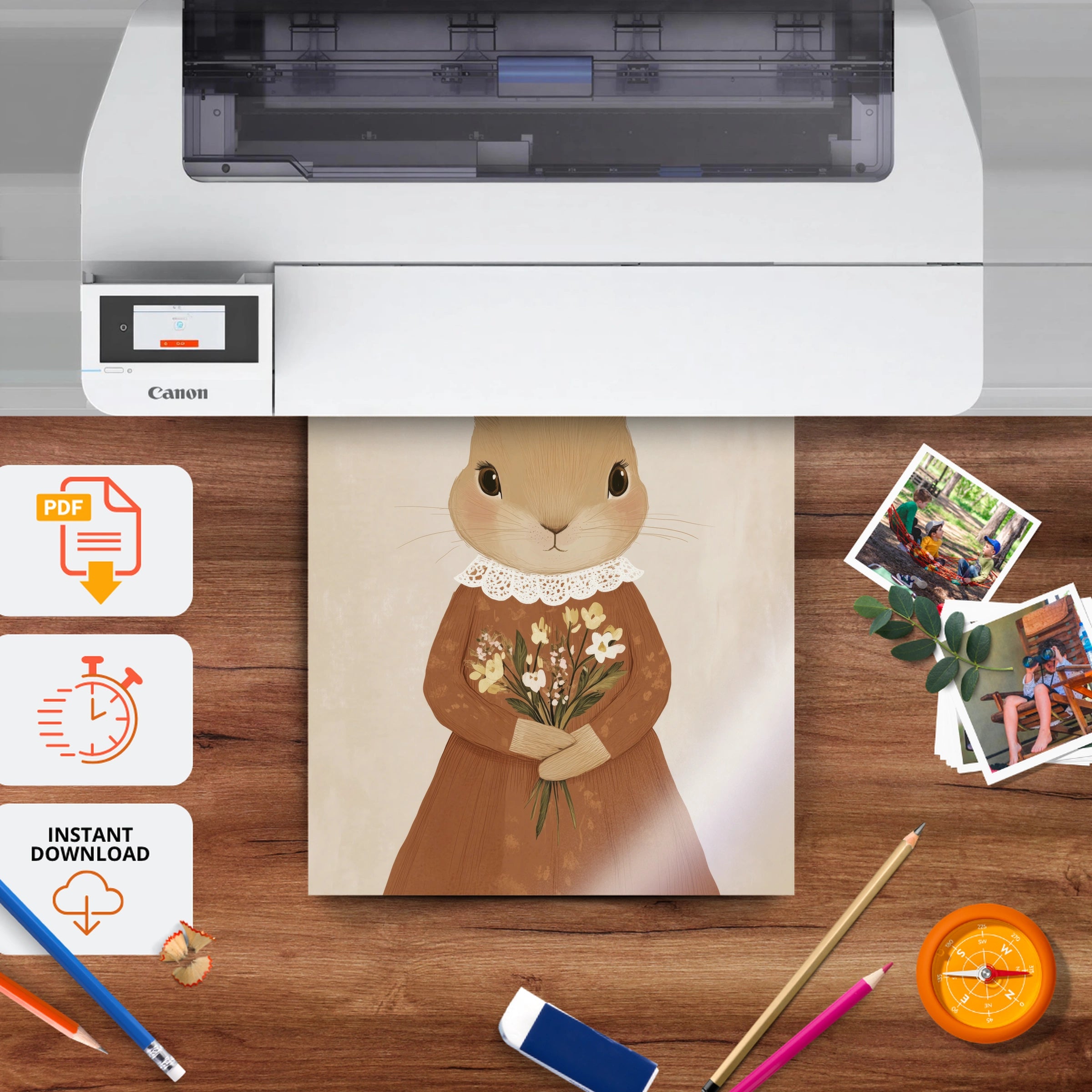 Rabbit with Flowers Nursery Print - printable nursery wall art, instant download to print at home