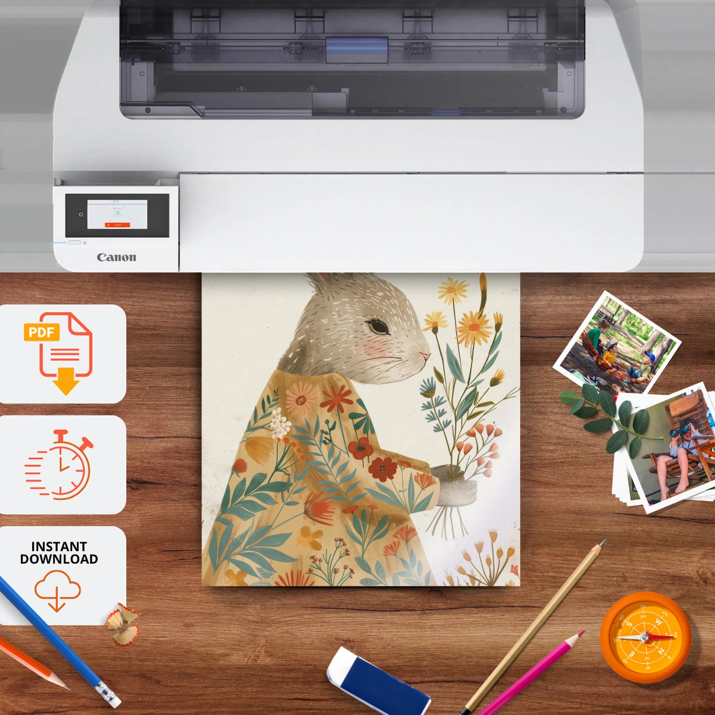Rabbit with Wildflowers Nursery Print - printable nursery wall art, instant download to print at home