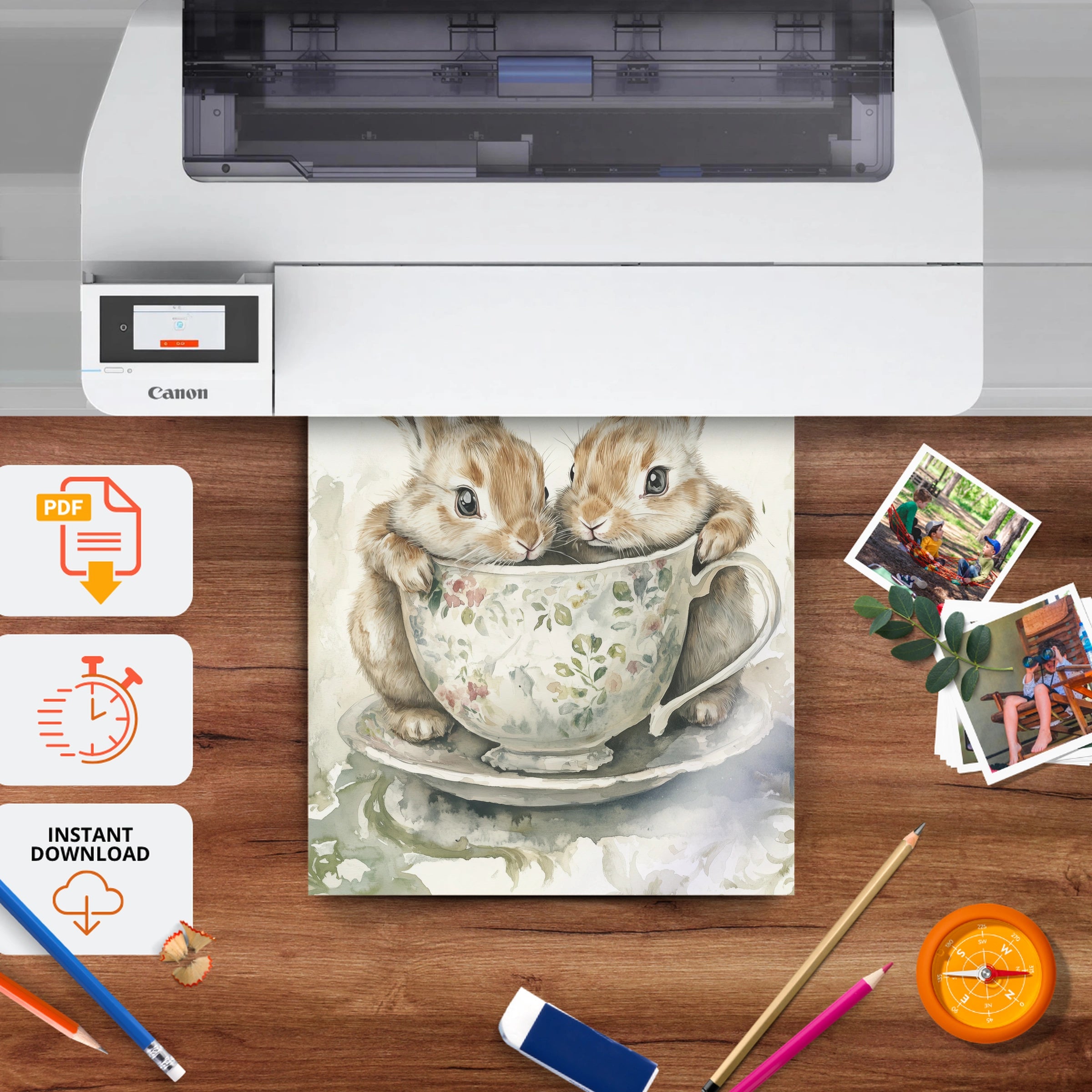 Rabbits in a Teacup Nursery Print - printable nursery wall art, instant download to print at home