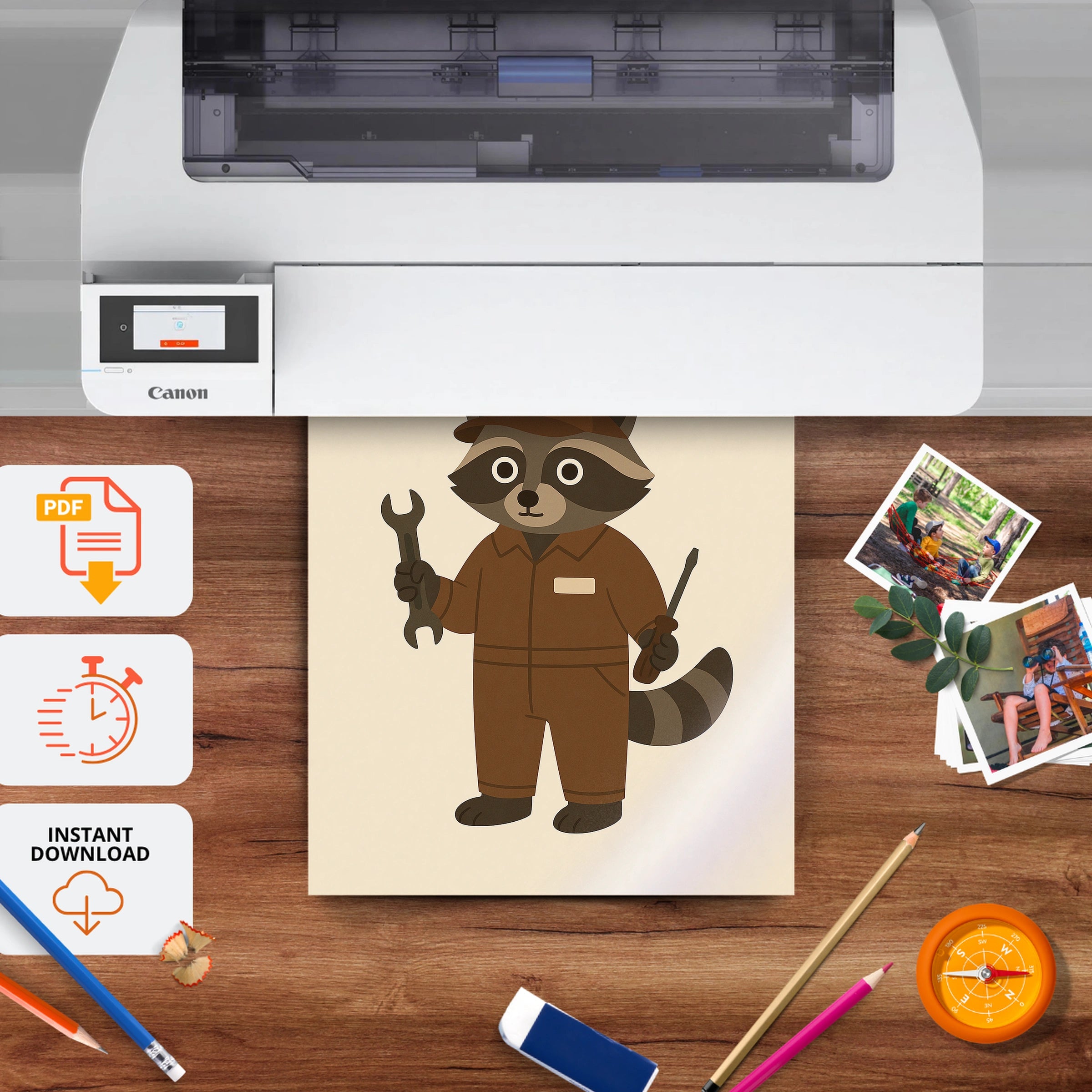 Raccoon at Work Nursery Print - printable nursery wall art, instant download to print at home