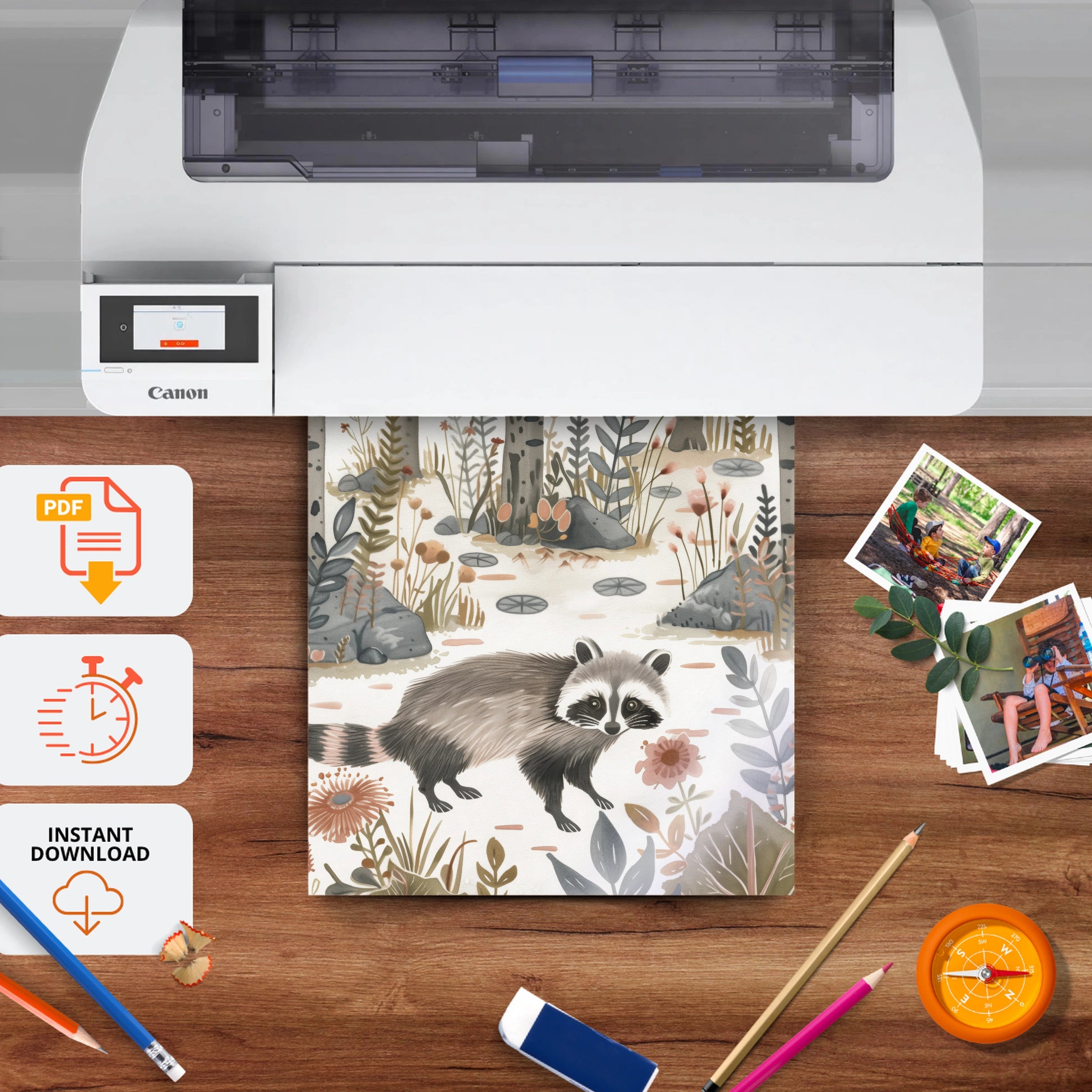 Raccoon in the Forest Nursery Print - printable nursery wall art, instant download to print at home