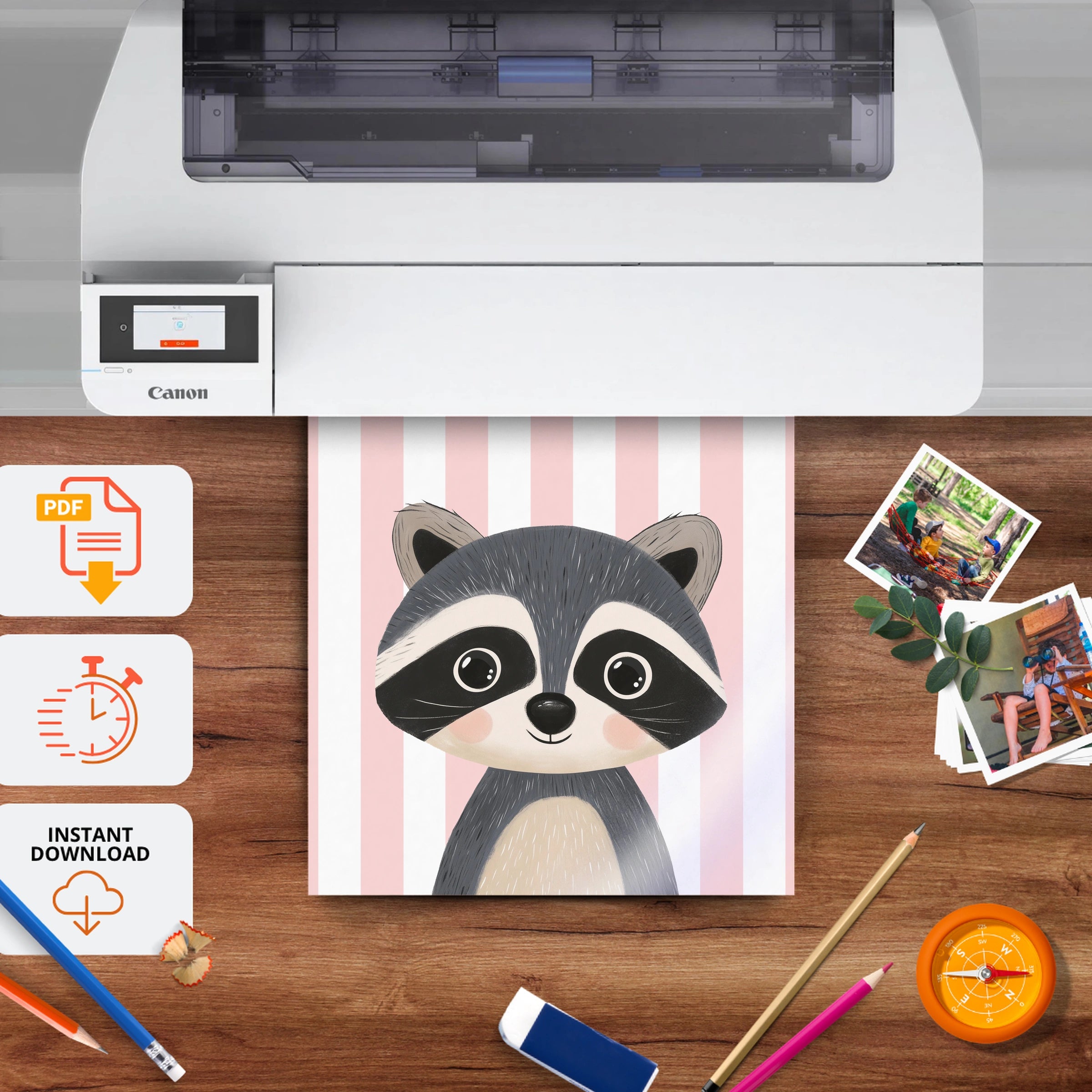 Raccoon Portrait Nursery Print - printable nursery wall art, instant download to print at home