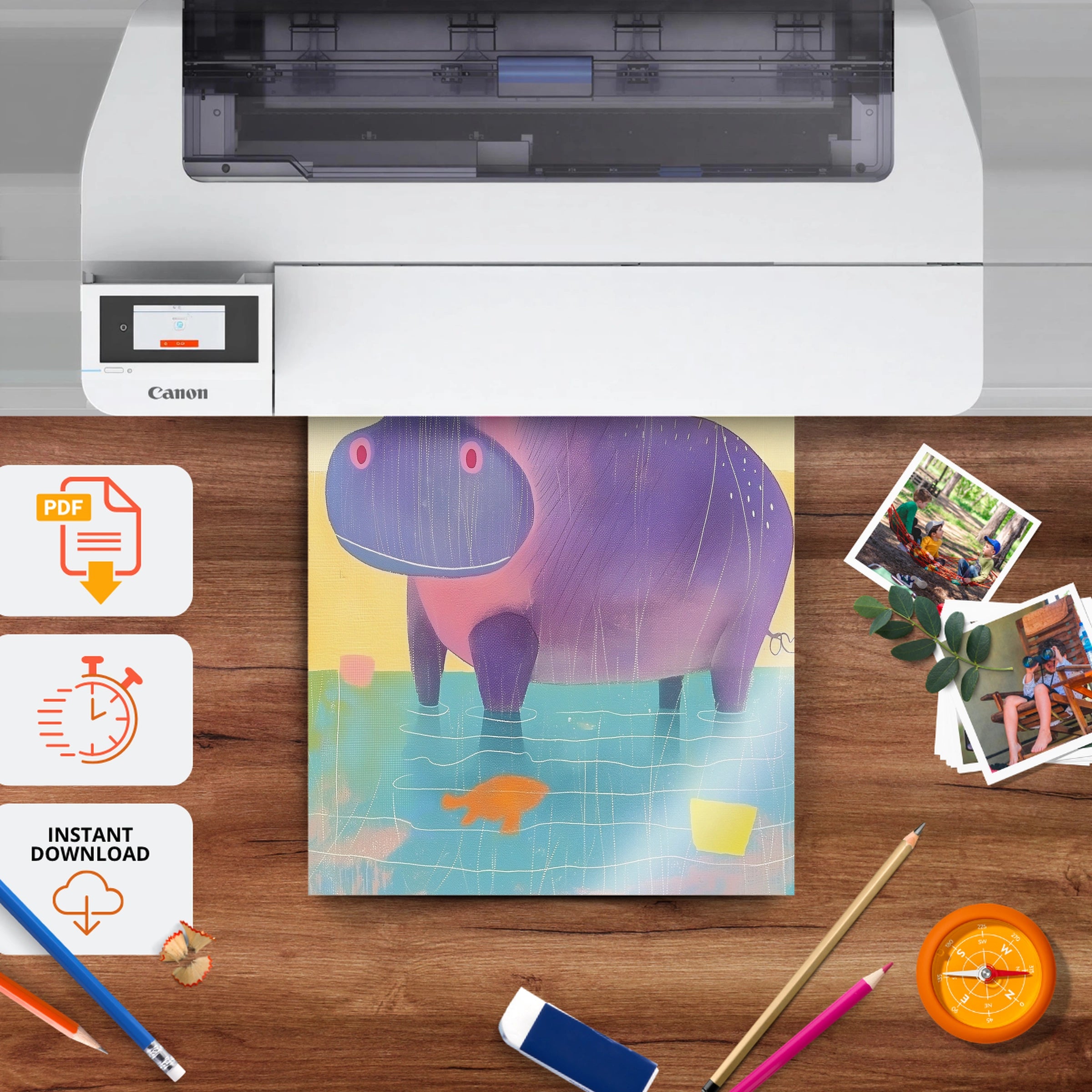 Rainbow Hippo Nursery Print - printable nursery wall art, instant download to print at home