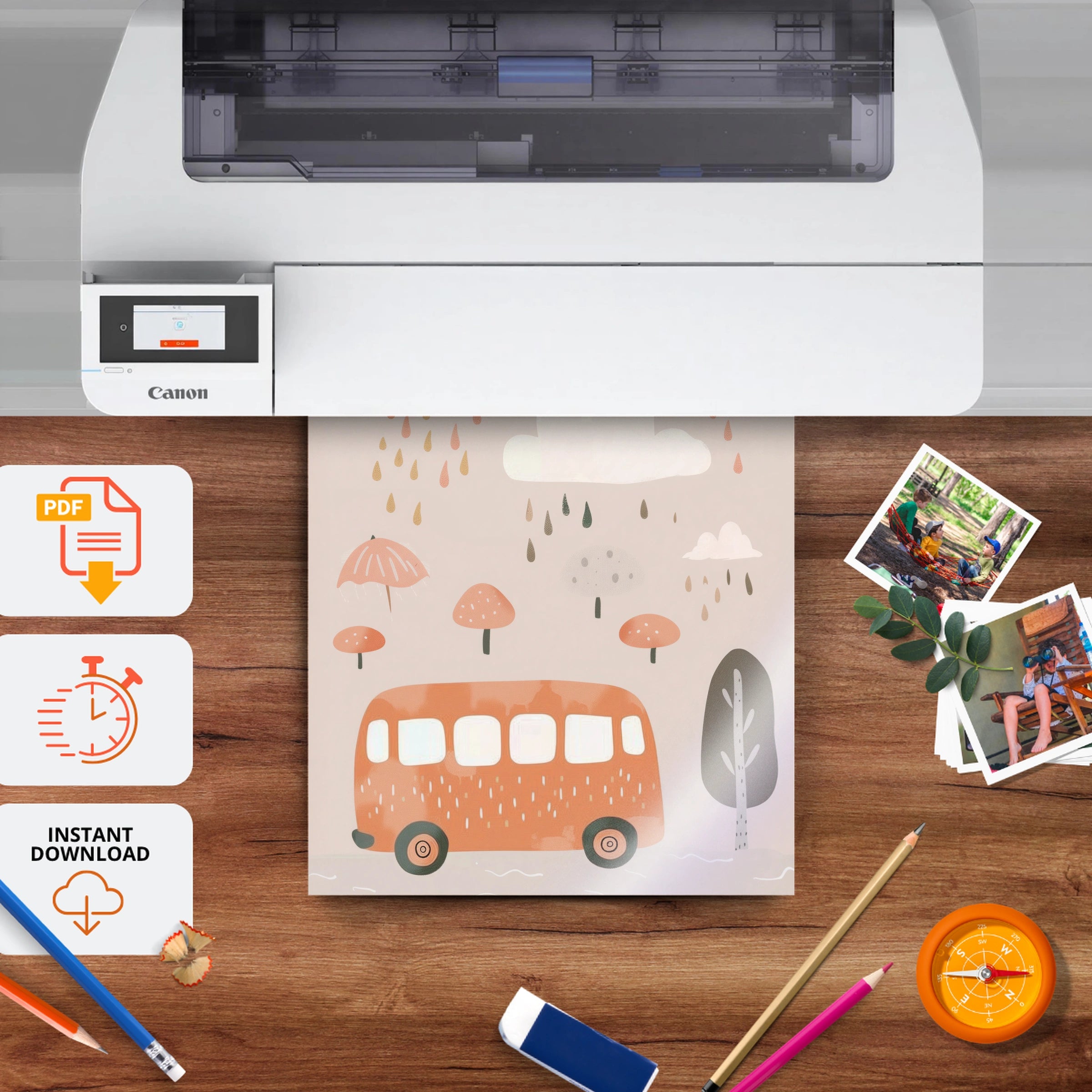 Rainy Day Bus Nursery Print - printable nursery wall art, instant download to print at home