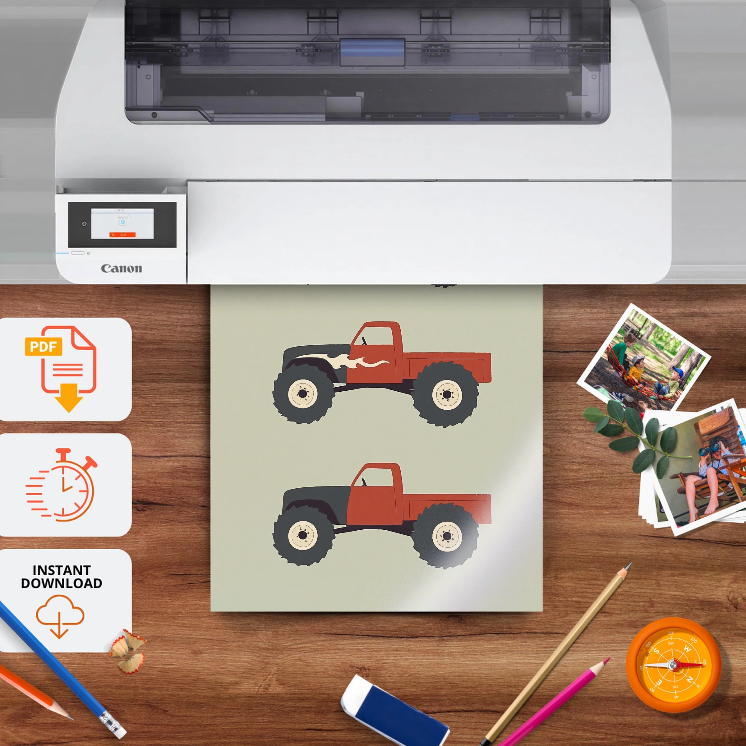 Red Monster Trucks Nursery Print - printable nursery wall art, instant download to print at home