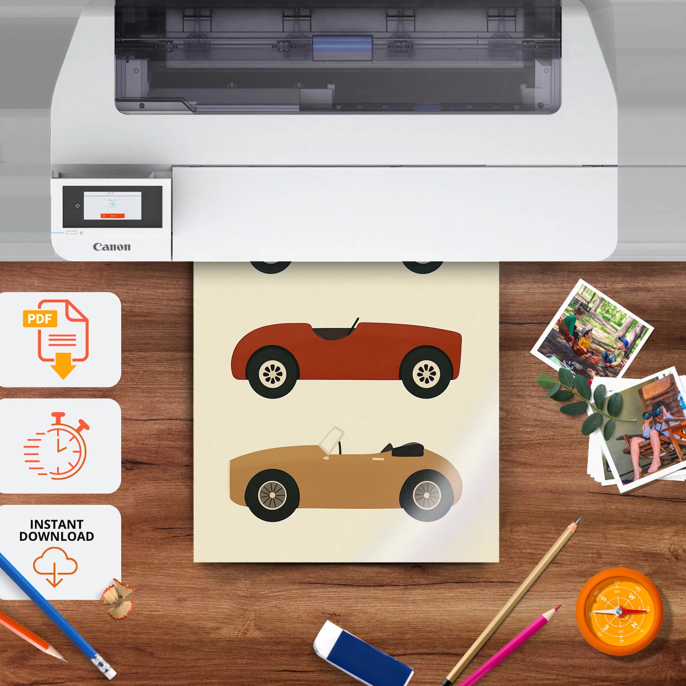 Retro Roadsters Nursery Print - printable nursery wall art, instant download to print at home
