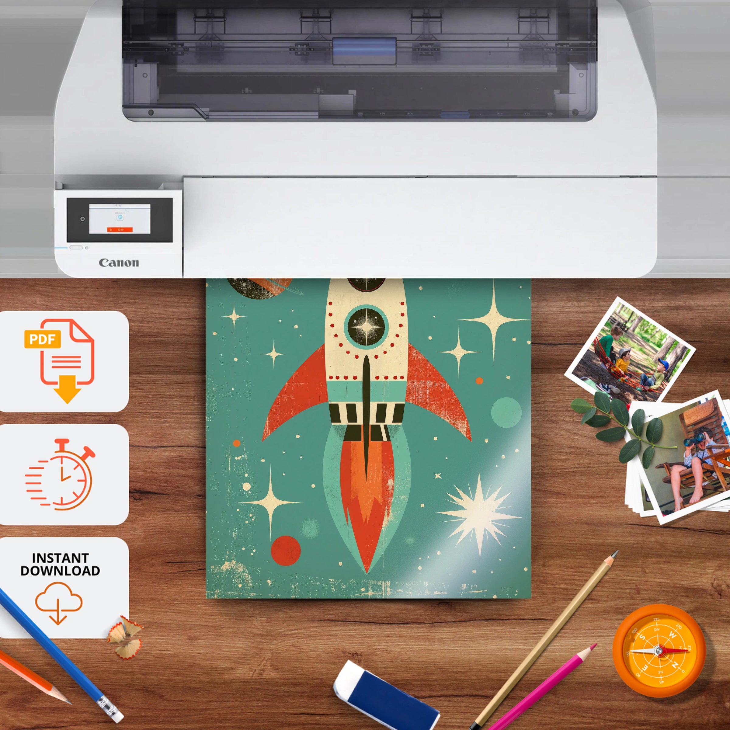 Retro Rocket Nursery Print - printable nursery wall art, instant download to print at home