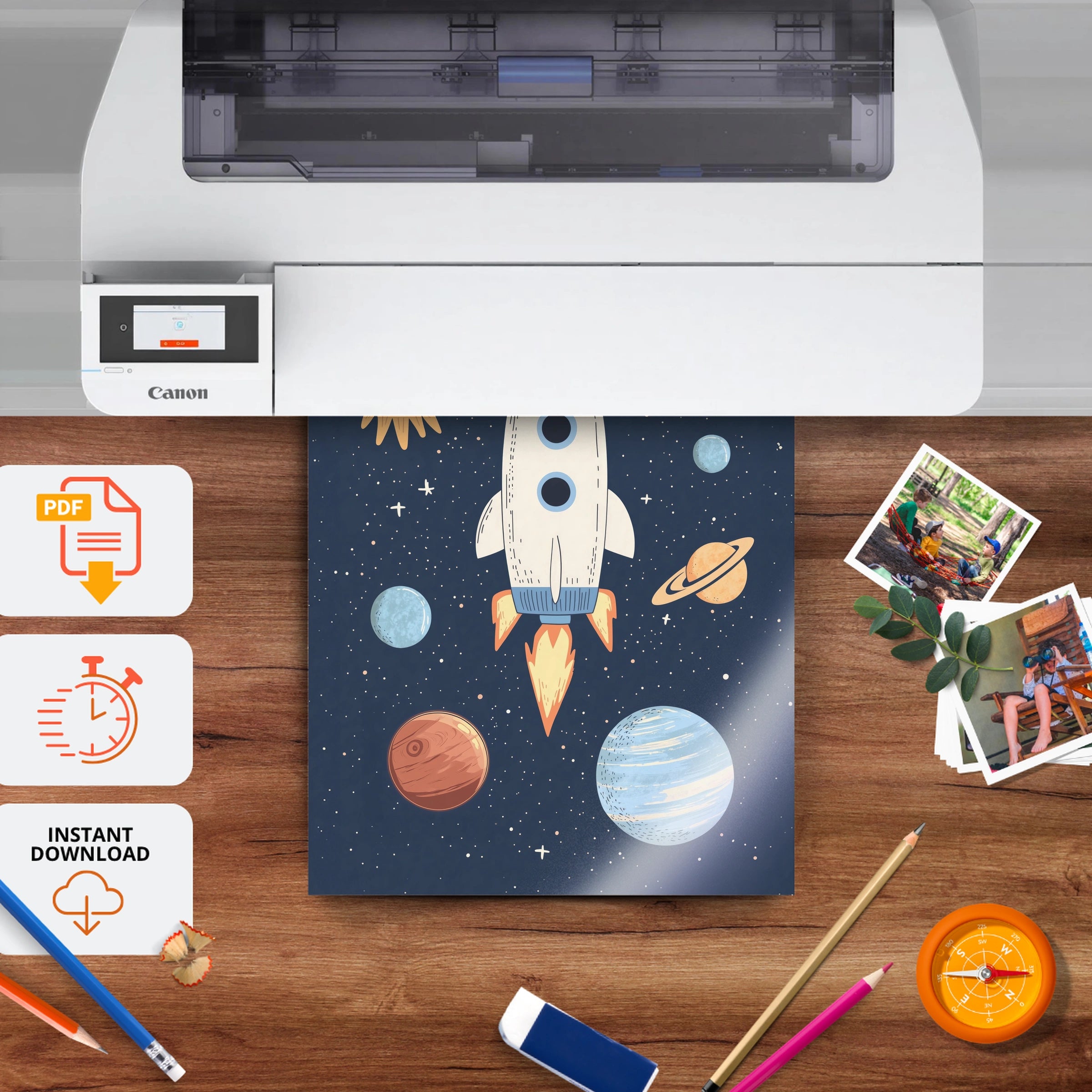 Rocket and Planets Nursery Print - printable nursery wall art, instant download to print at home